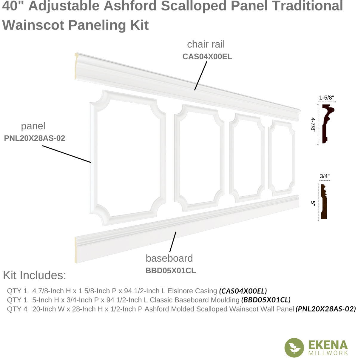 Ashford Traditional Wainscot Paneling Kit - 94.5 Inch Premium Wood Wall Paneling for Home & Office Decoration | Easy DIY Installation for Living Room, Bedroom, Dining Room & Hallway