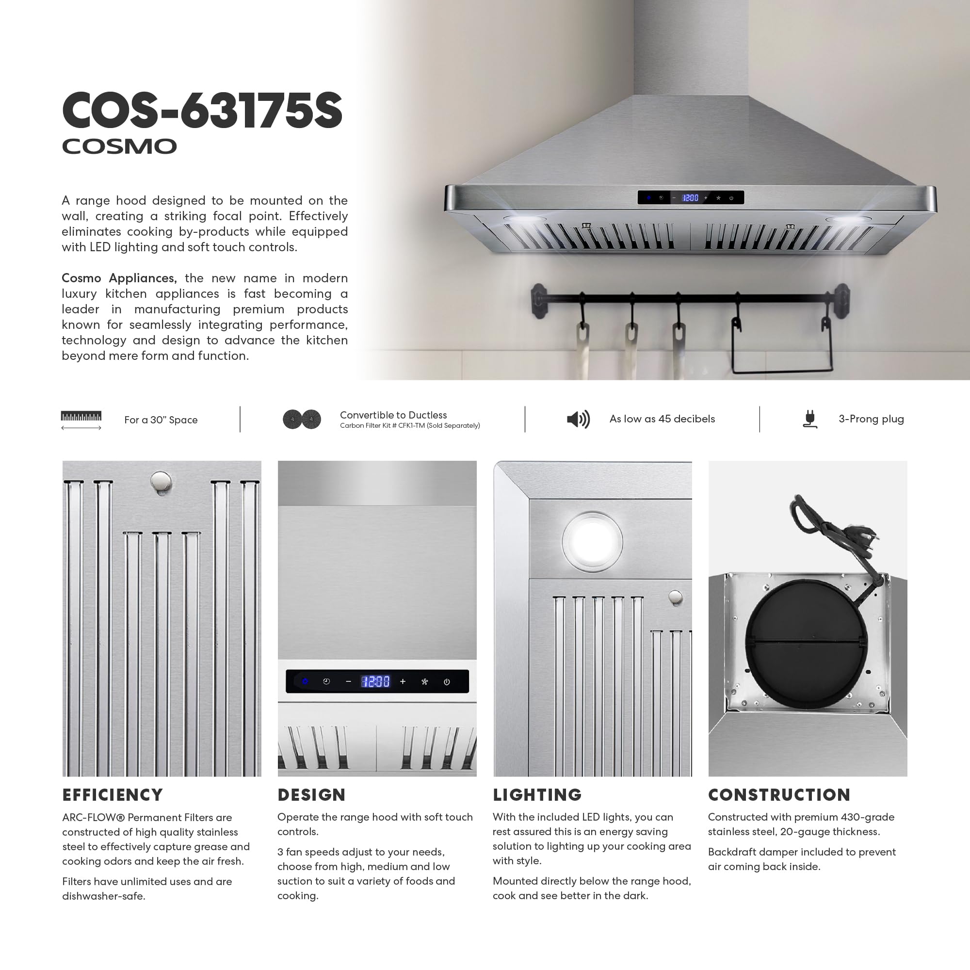 COSMO COS-63175S 30-inch Stainless Steel Wall Mount Range Hood - 380 CFM Ducted Ventilation with Touch Controls & LED Lights | Perfect for Modern Kitchens, Restaurants & Open-Concept Homes