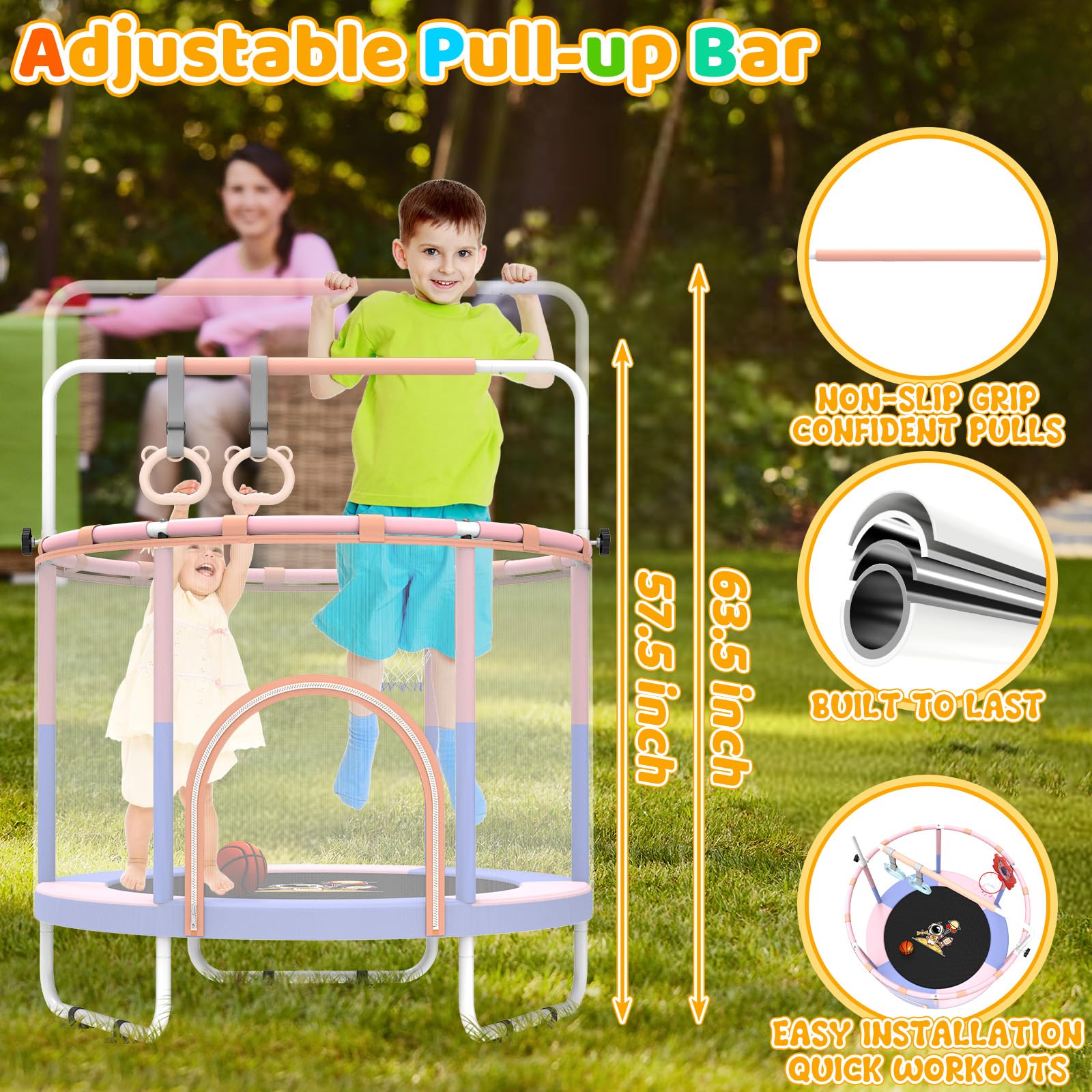 5FT Mini Trampoline for Kids Ages 3-6 | Indoor Toddler Trampoline with Safety Net & Adjustable Gym Bar | Perfect Birthday Gift for Boys & Girls | Great for Indoor Play, Exercise & Motor Skills Development