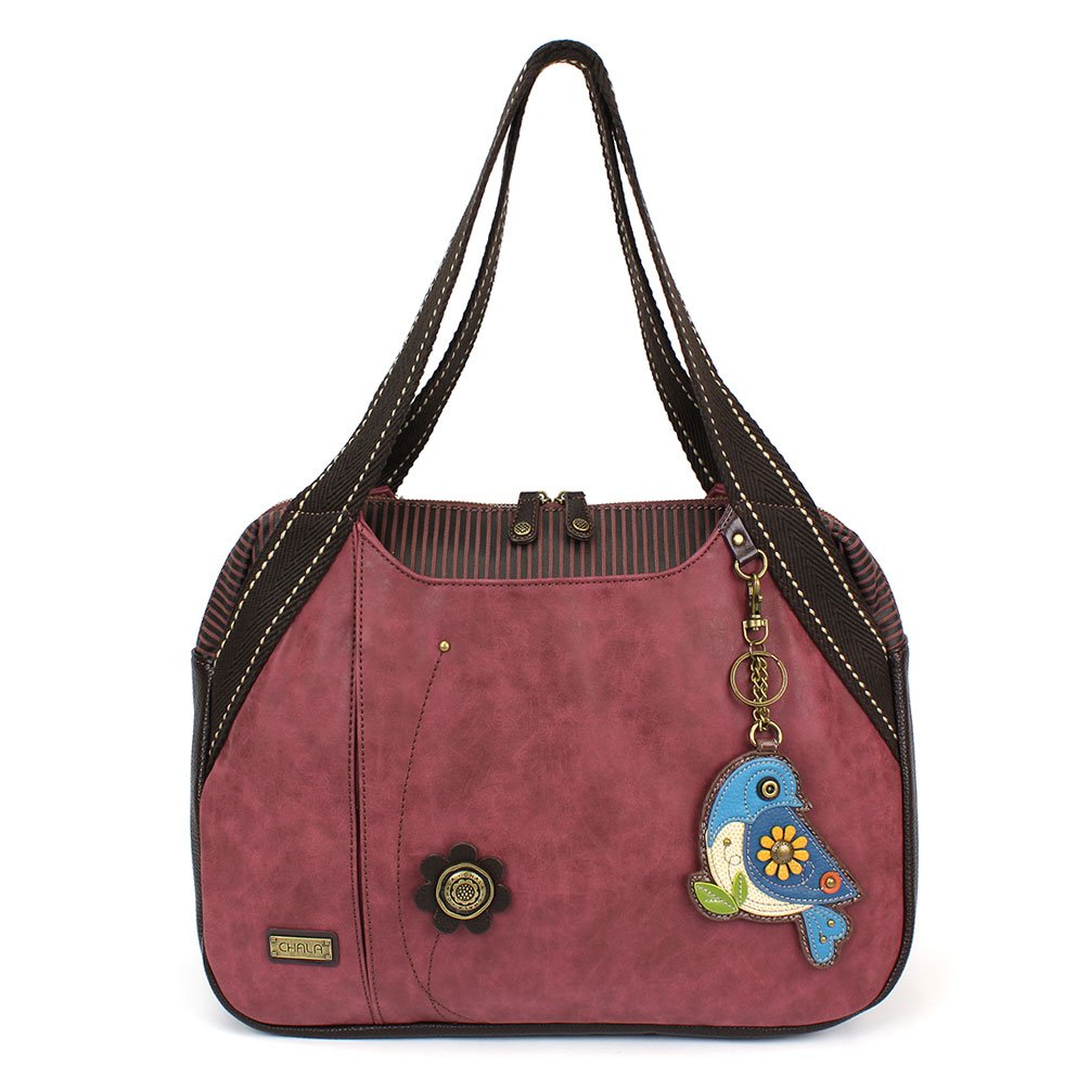 CHALA Women's Burgundy Tote Bag with Blue Bird Animal Charm - Stylish Shoulder Purse for Work, Travel & Everyday Use (835GY)