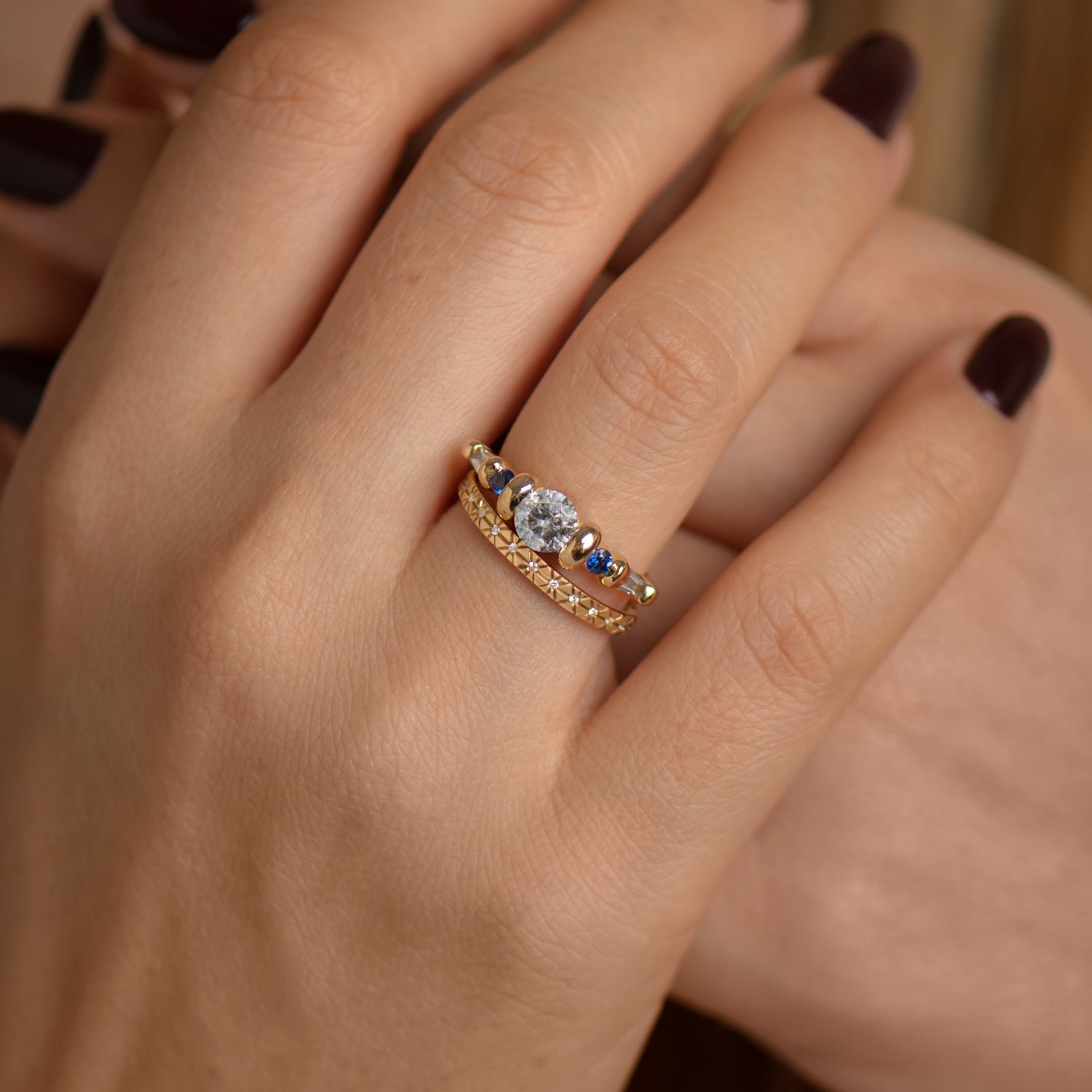 Unique Salt and Pepper Diamond Ring with Blue Sapphires – Vintage-Inspired Engagement & Wedding Jewelry for Brides & Fashion Lovers