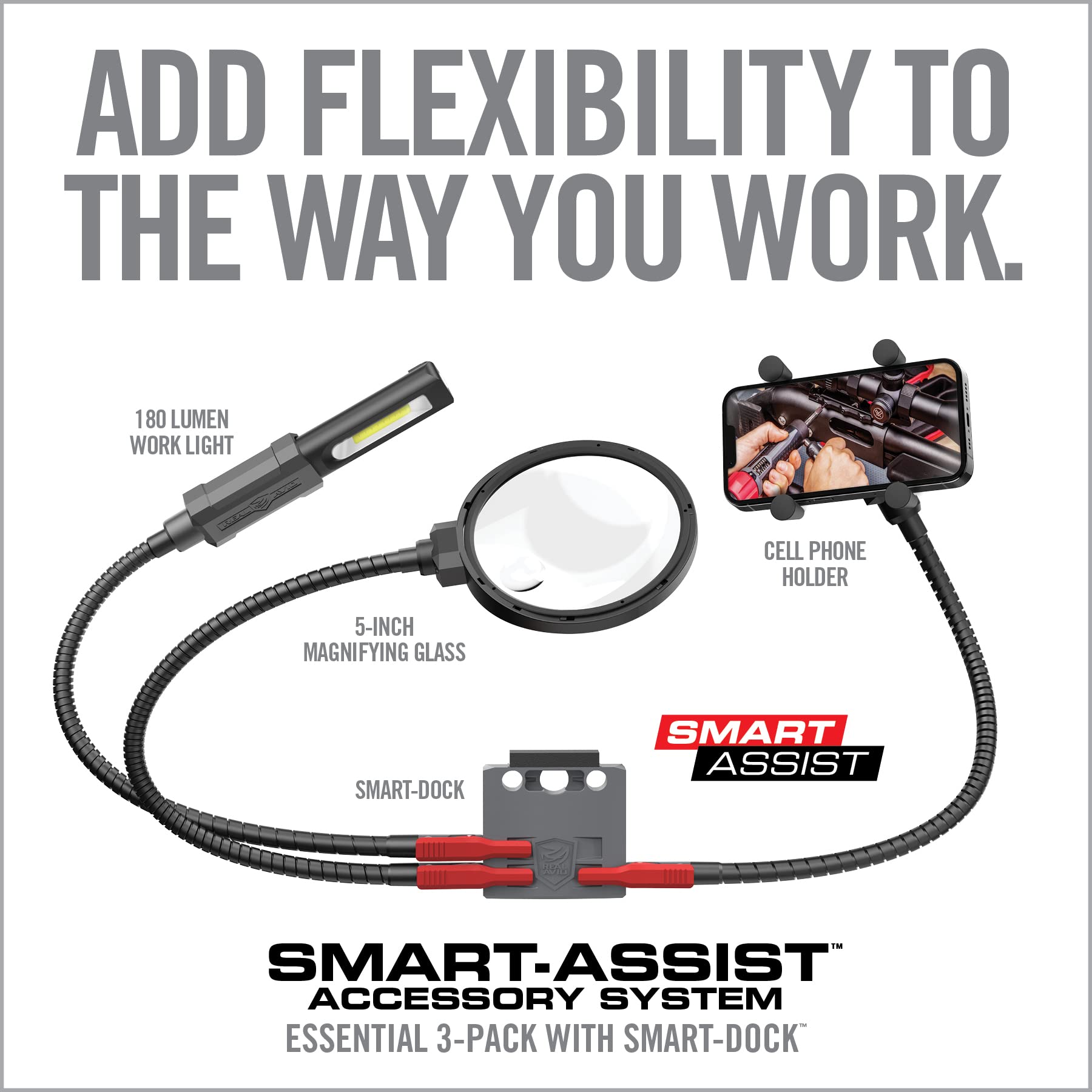 Real Avid Smart-Assist Accessory System - 180 Lumen Work Light, 5-Inch Magnifying Glass & Phone Holder | Perfect for Gunsmithing, DIY Repairs & Crafting Projects