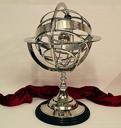 Nickel Plated Celestial Zodiac Armillary Sphere Globe on Wooden Pedestal - Stainless Steel Nautical Decor | Vintage Maritime Astrolabe for Home Office Display | Perfect Gift for Astronomy Lovers & Coastal Theme Decor