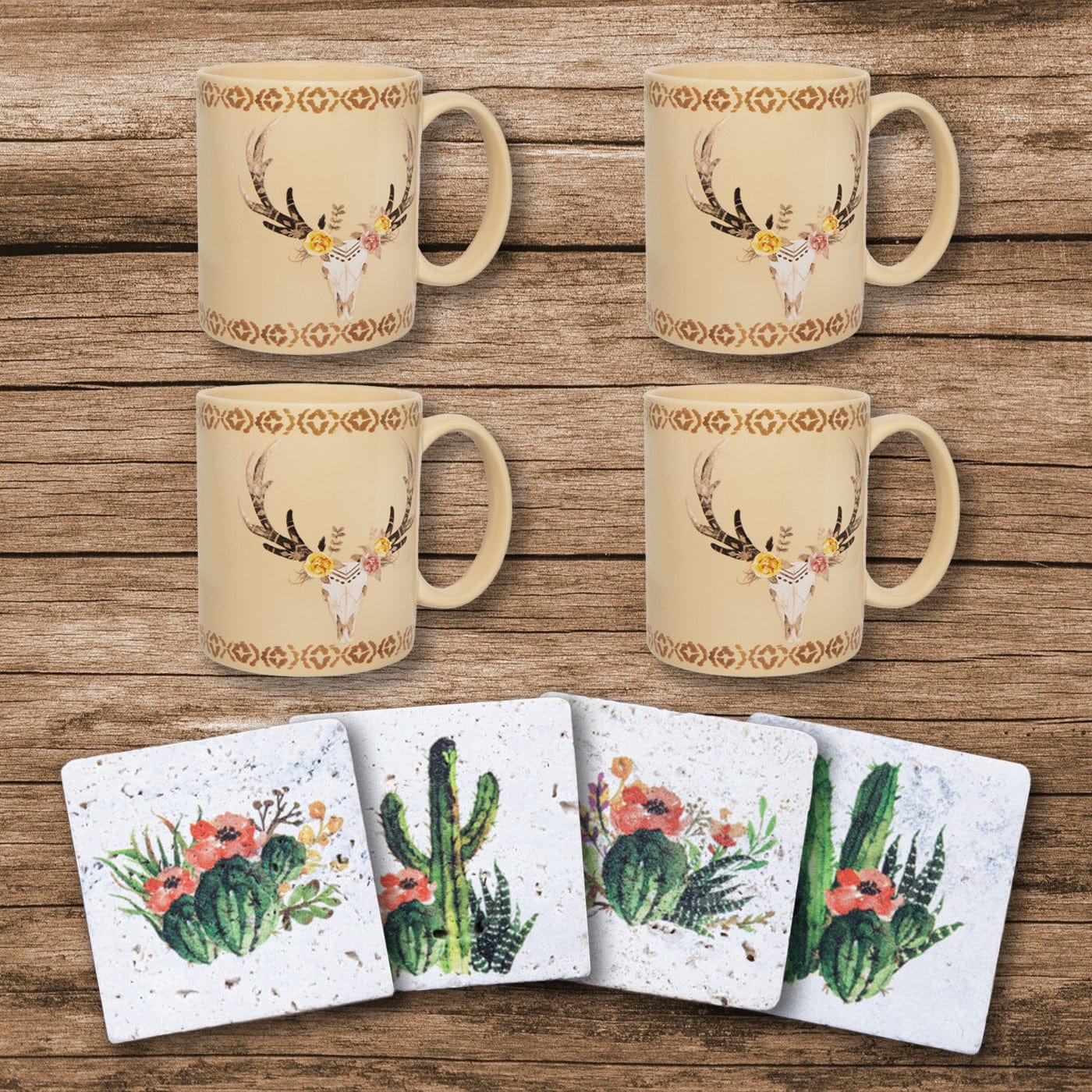 Desert Skull Coffee Mug and Cactus Coaster Set - 8 Piece Southwest Style Ceramic Cup with Matching Coasters for Home Decor, Kitchen, or Office Use