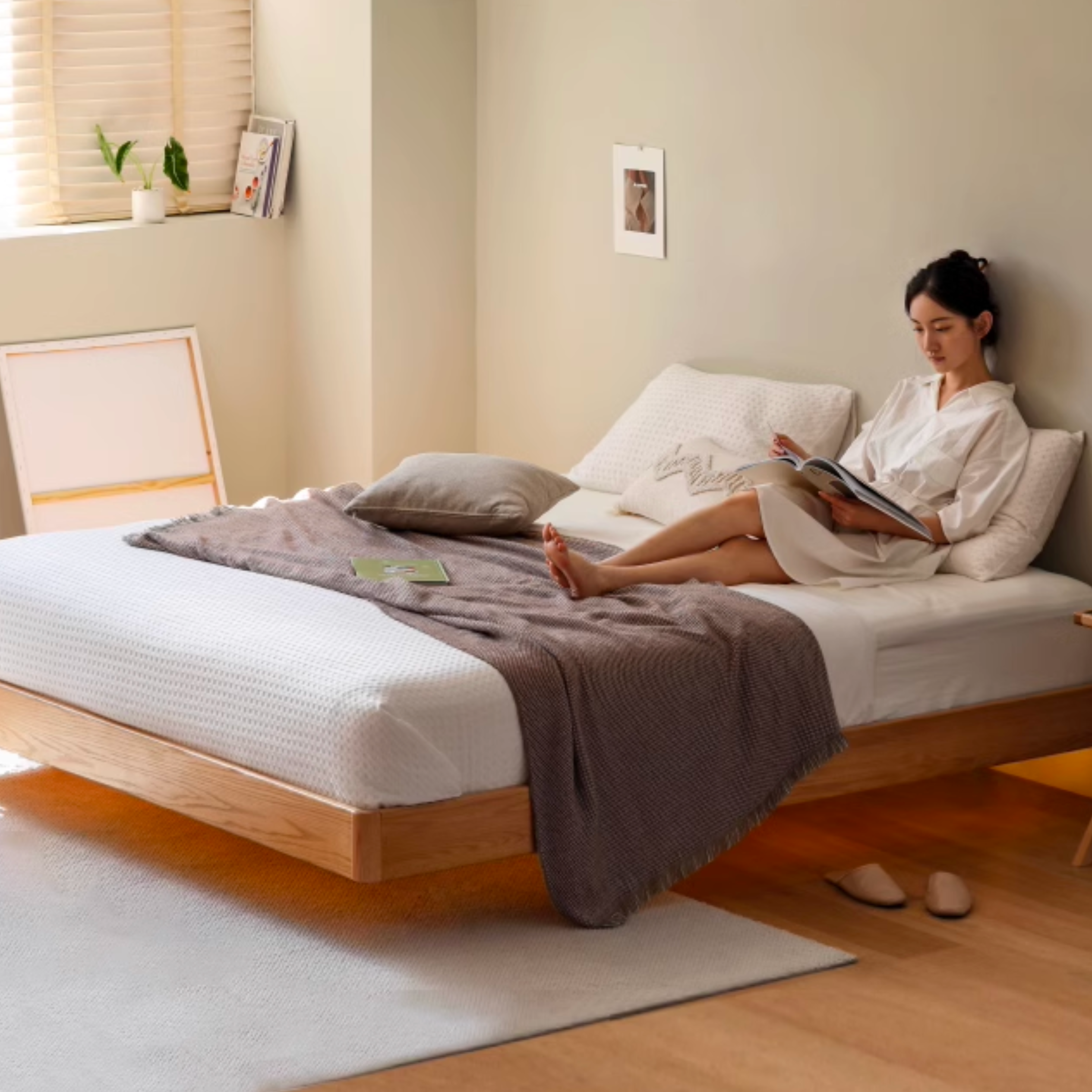 Solid Oak Wood Floating Platform Bed - No Headboard Modern Minimalist Bed Frame with LED Lights for Bedroom, Guest Room, or Studio Apartment