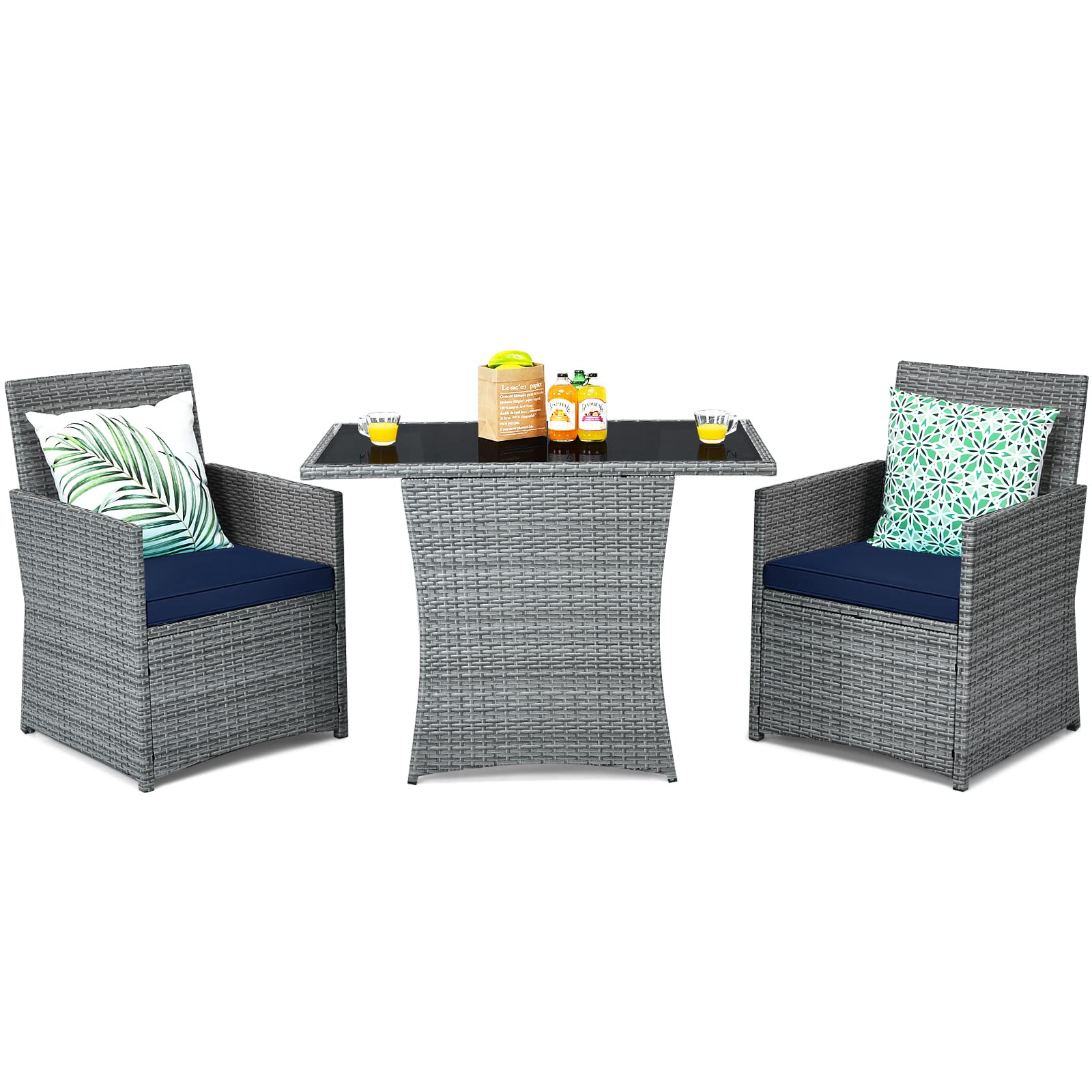 Tangkula 3-Piece Outdoor Dining Set - Space-Saving PE Rattan Bistro Set with Tempered Glass Table & Cushioned Chairs - Perfect for Garden, Backyard, Poolside, Porch & Patio | Ideal for Outdoor Entertaining, Relaxation & Small Space Decor