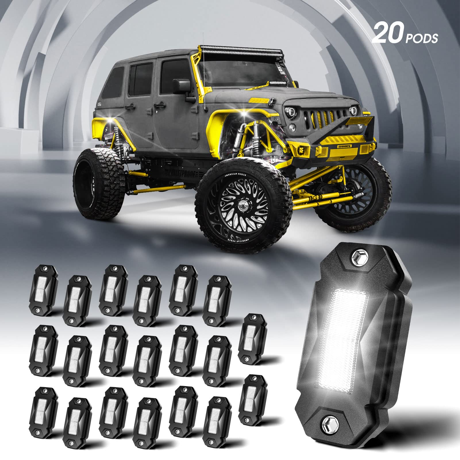 Meelooks 20 Pods LED Rock Lights - White Underglow Lights Kit for Trucks with 350LM High Brightness & IP68 Waterproof - Perfect for Off-Roading, Car Shows & Nighttime Visibility