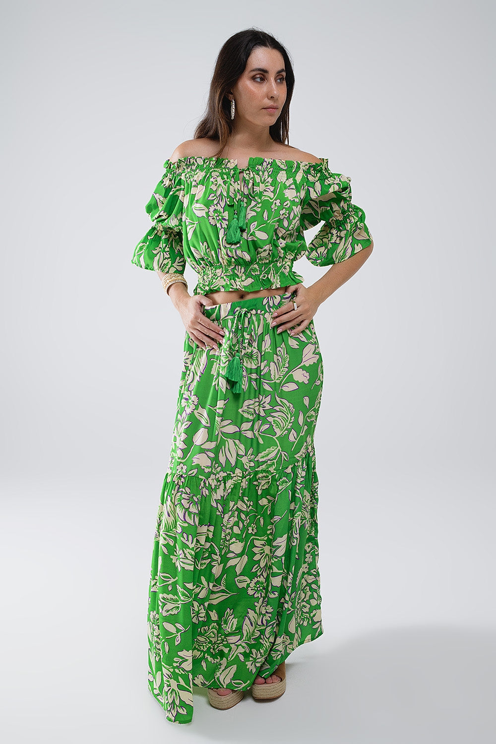 Floral Print Green Wrap Maxi Skirt with Pockets - Women's Boho Summer Skirt for Beach, Vacation & Casual Outfits