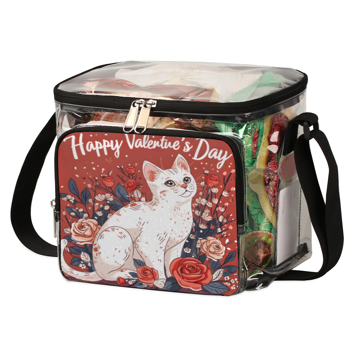 GzLeyigou Clear Transparent Tote Bag with Handles - Cute Cat Design Crossbody Shoulder Bag for Lunch, Outdoor, Travel, Picnic, Concerts & Sports Events | Stadium Approved Multipurpose Purse | Perfect for Valentine's Day Gifts, School, Beach & Shopping