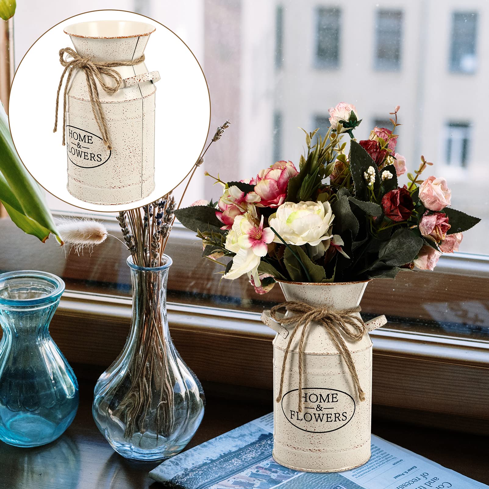 French Style Shabby Chic Galvanized Metal Flower Vase - Rustic Milk Can Pitcher for Farmhouse Decor, Wedding Centerpiece & Home Floral Arrangements (Beige)