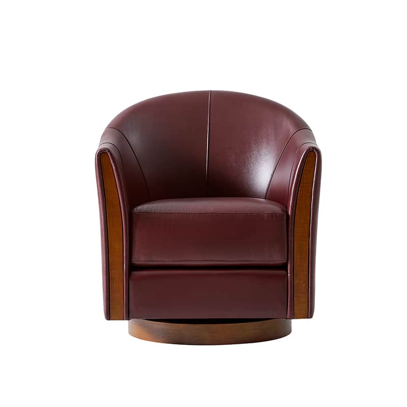 Clara Genuine Leather Swivel Barrel Chair with Solid Wood Base - Stylish Home Office & Living Room Accent Chair for Comfortable Seating