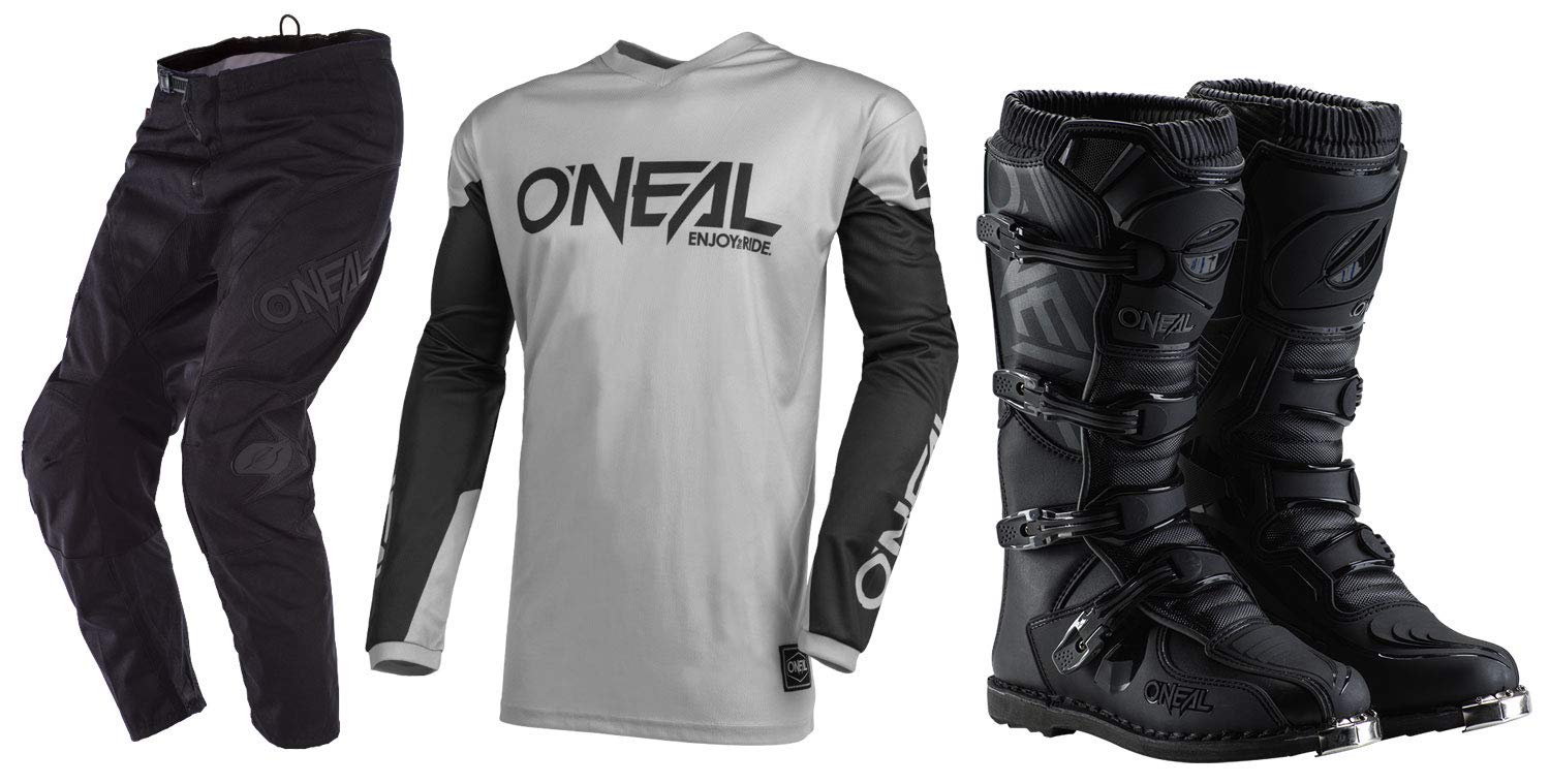 Oneal Element Threat Grey/Black Jersey Pant Boots Combo (XX/W36/Boot 10) - Dirt Bike Riding Gear for Motocross & Off-Road Adventures