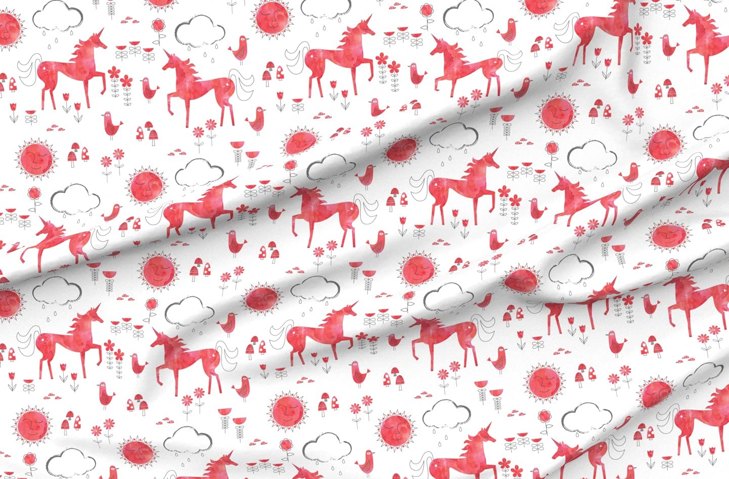 Whimsical Watercolor Fantasy Creatures & Unicorn Nursery Fabric by Spoonflower - Printed Velvet Upholstery Material by The Yard for Home Decor, Apparel & DIY Projects - Perfect for Girls' Rooms, Curtains, Pillows & Crafting