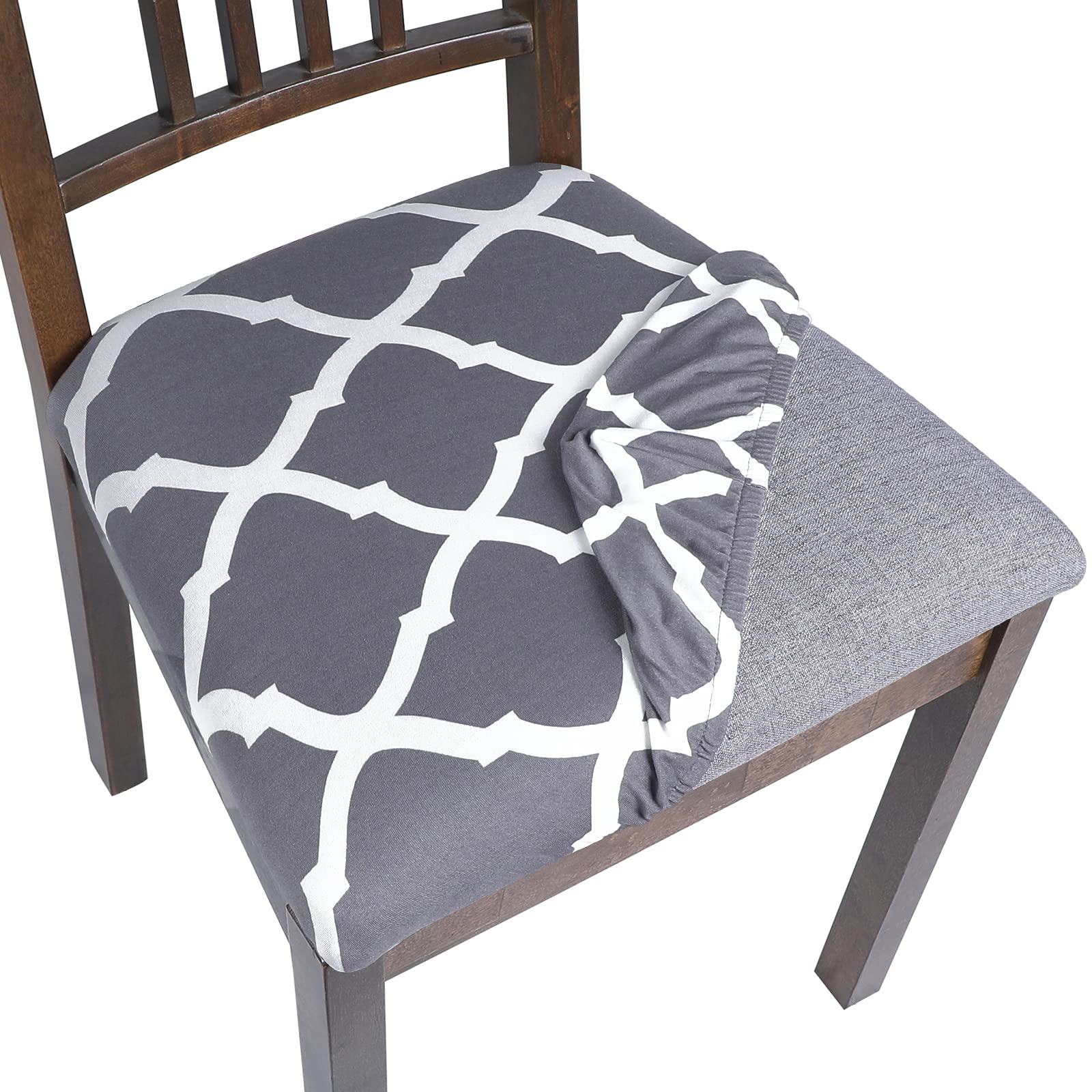 Stretch Printed Dining Room Chair Seat Covers Set of 4 - Washable Bench Slipcover, Grey Fabric Upholstery Protector for Kitchen & Dining Furniture - Perfect for Home, Restaurant, and Office Use