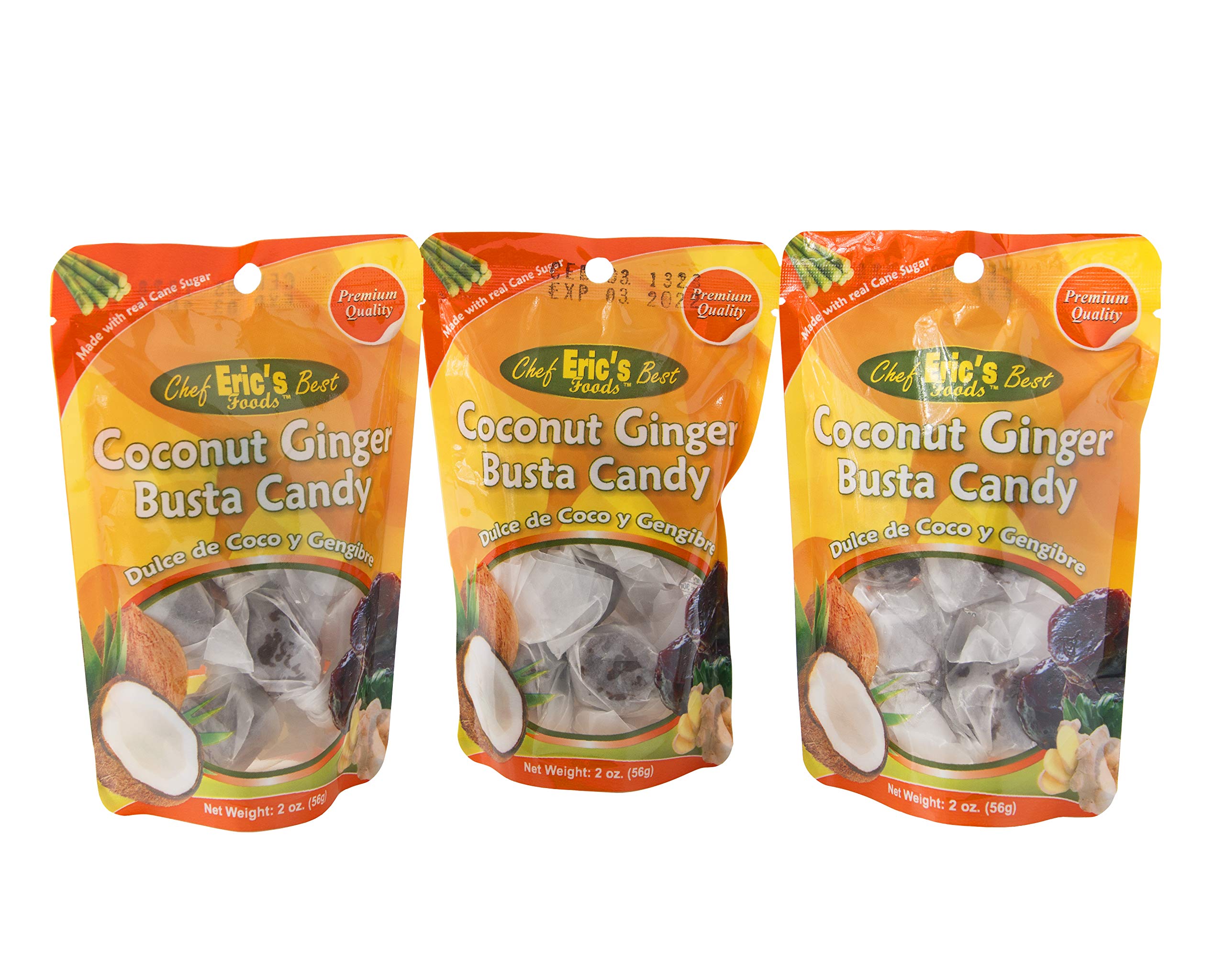 Chef Eric's Coconut Ginger Busta Candy - Authentic Jamaican Candy (2 oz Pack of 3) - Perfect for Snacking, Gifts & Caribbean Flavor Lovers