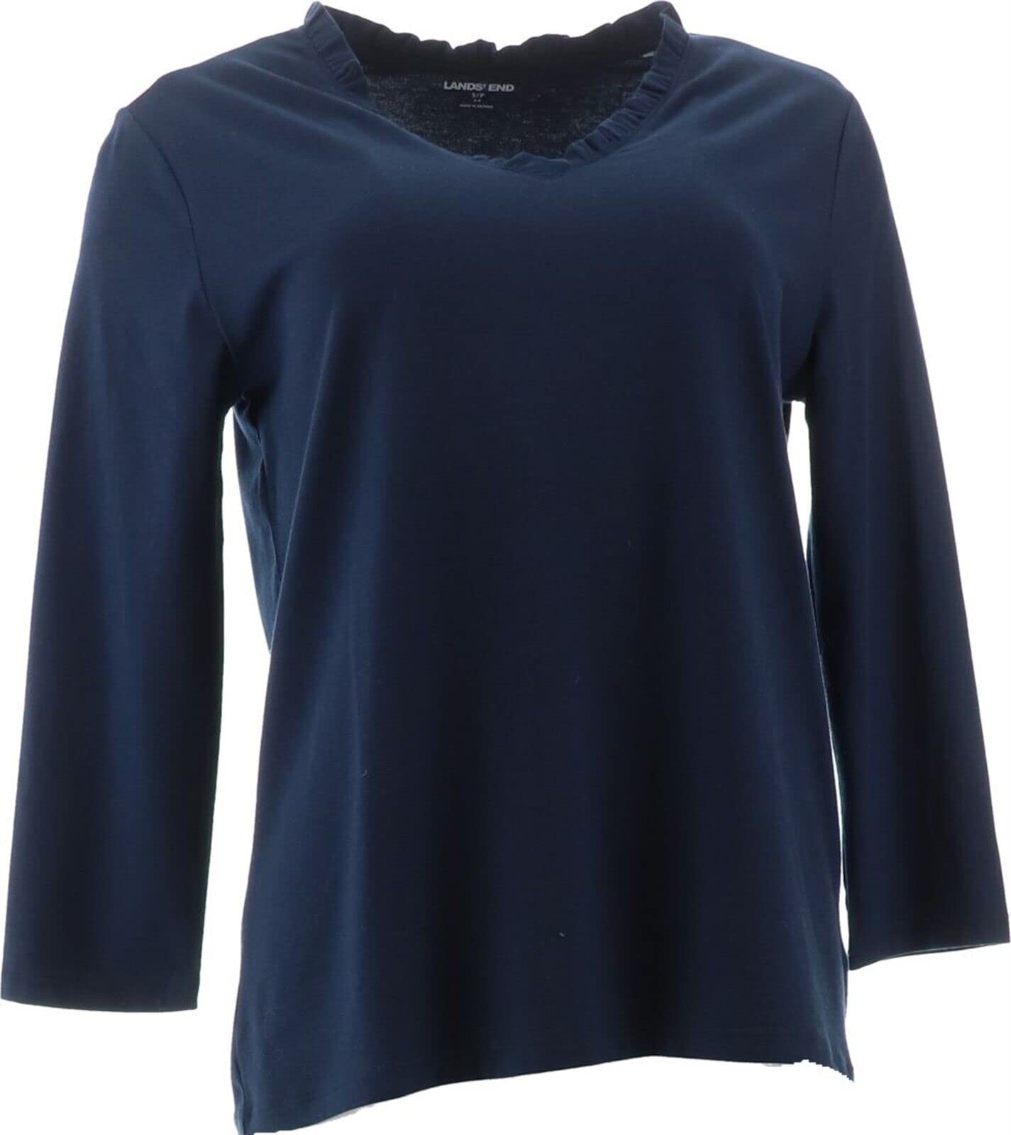 Lands' End Women's 3/4 Sleeve Ruffle V-Neck Blouse in Radiant Navy - Perfect for Office Wear & Casual Outings