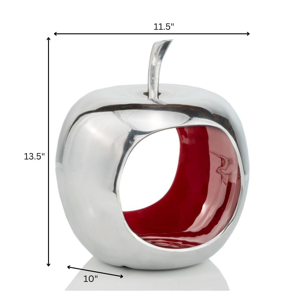 Modern Day Accents 3372 Open Red Apple Decorative Bowl - Silver & Red Fruit Bowl for Kitchen Counter, Table Centerpiece, Home Decor - 11.5