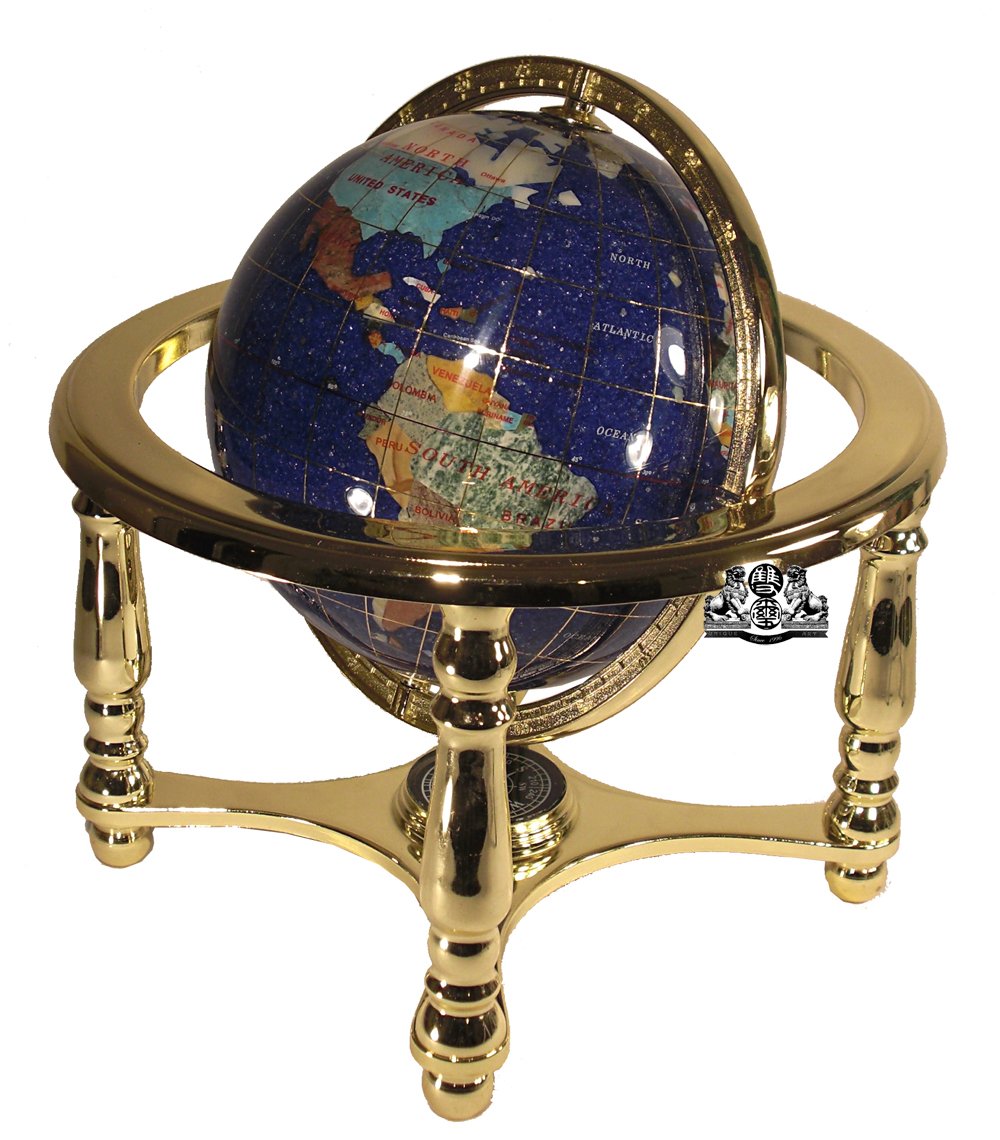 10-Inch Tall Blue Crystallite Ocean Gemstone World Globe with Gold Four Leg Stand - Unique Art Table Top Decoration for Home Office, Living Room, and Gift Giving