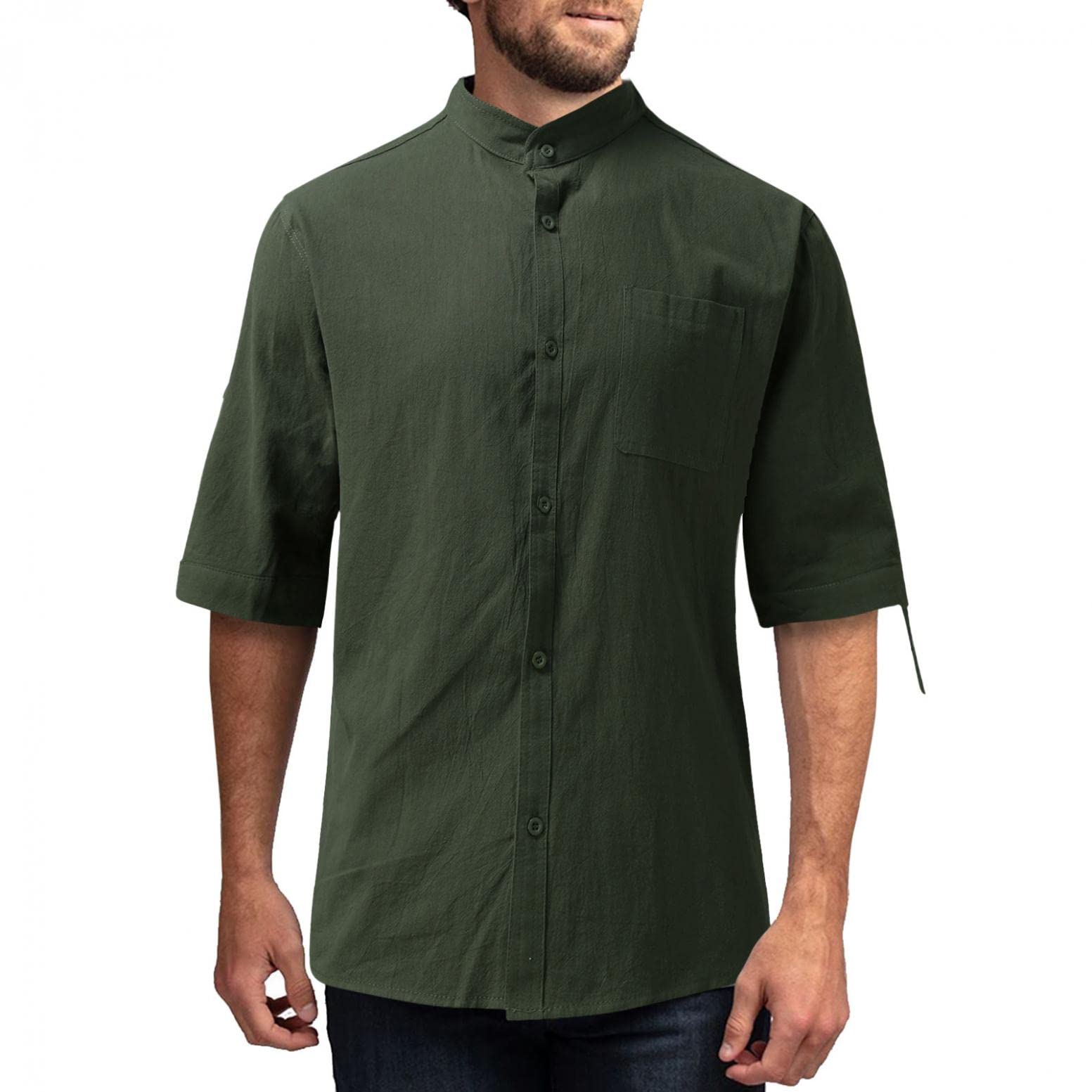 Men's Linen Short Sleeve Button Down Shirt - Mandarin Collar Casual Regular Fit Lightweight Dress Shirt for Summer, Beach & Outdoor Activities