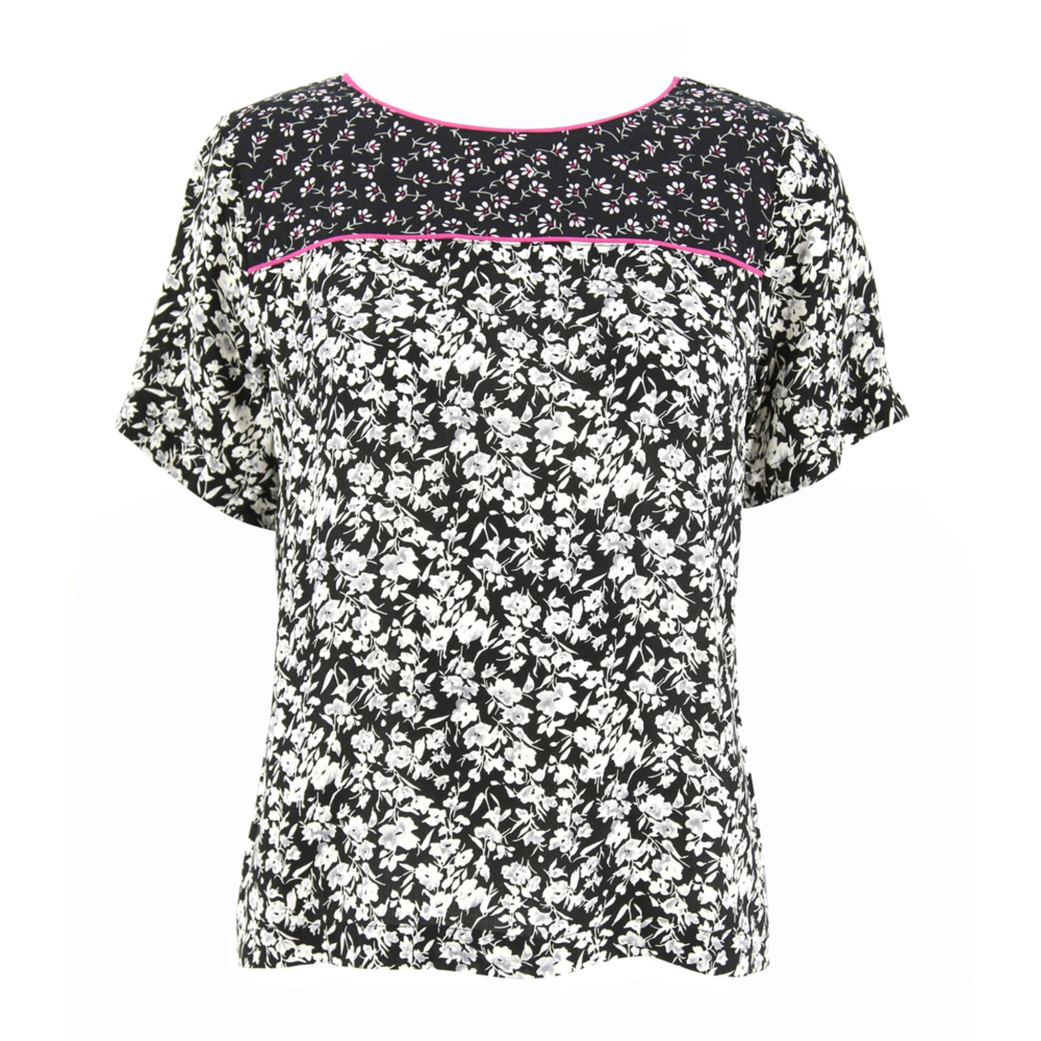 ENRO Women's Printed Round Neck Short Sleeve Blouse - Mix Fabric with Piping Detail - Perfect for Office Wear & Casual Outfits