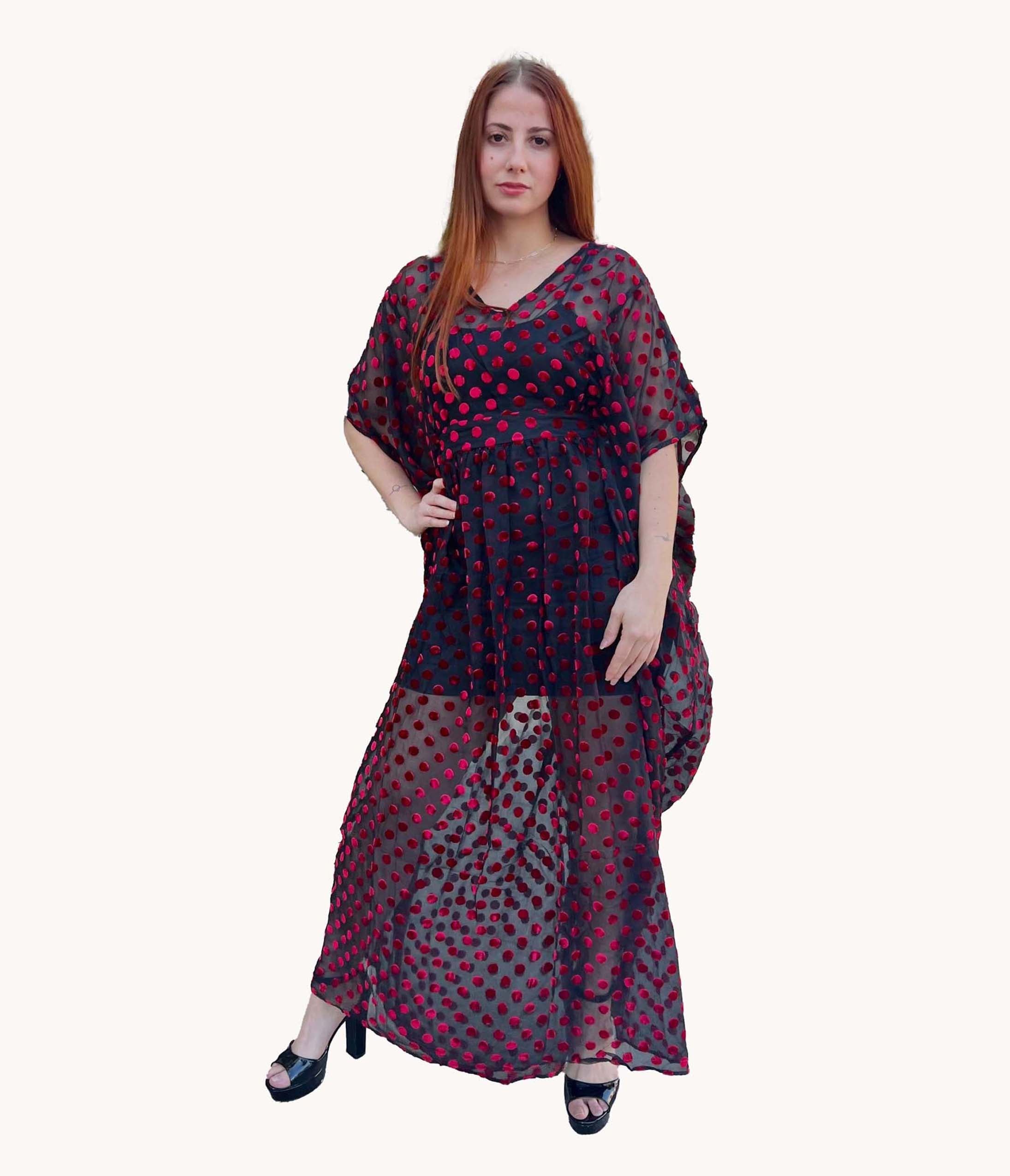 Unique Vintage Black & Red Swiss Dot Burton Caftan Dress - Flowy Boho Maxi Dress for Women | Perfect for Beach Vacations, Summer Parties & Casual Outings