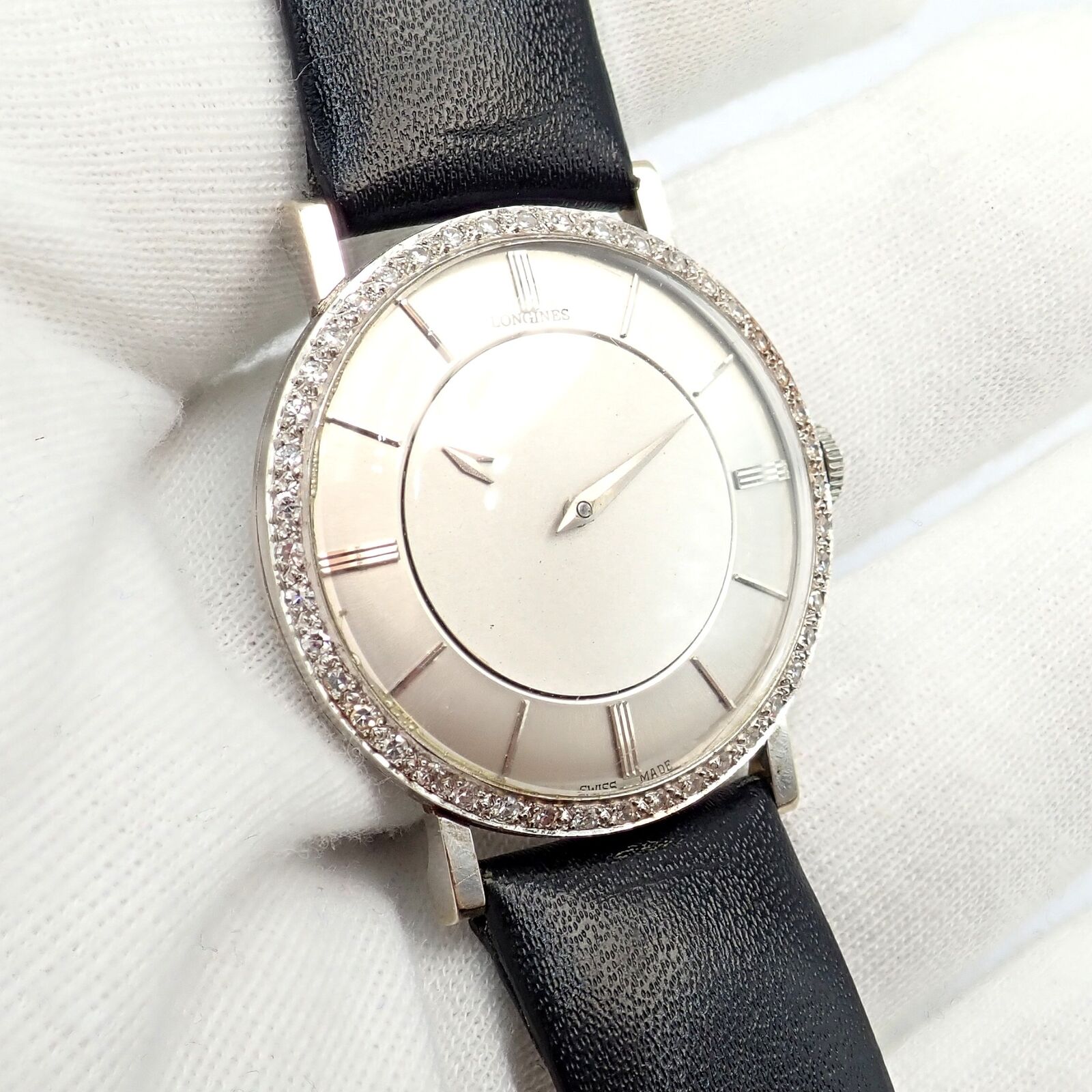 Vintage Longines 18k White Gold Diamond Bezel Manual Wind Mystery Dial Watch - Luxury Classic Timepiece for Formal Events & Special Occasions