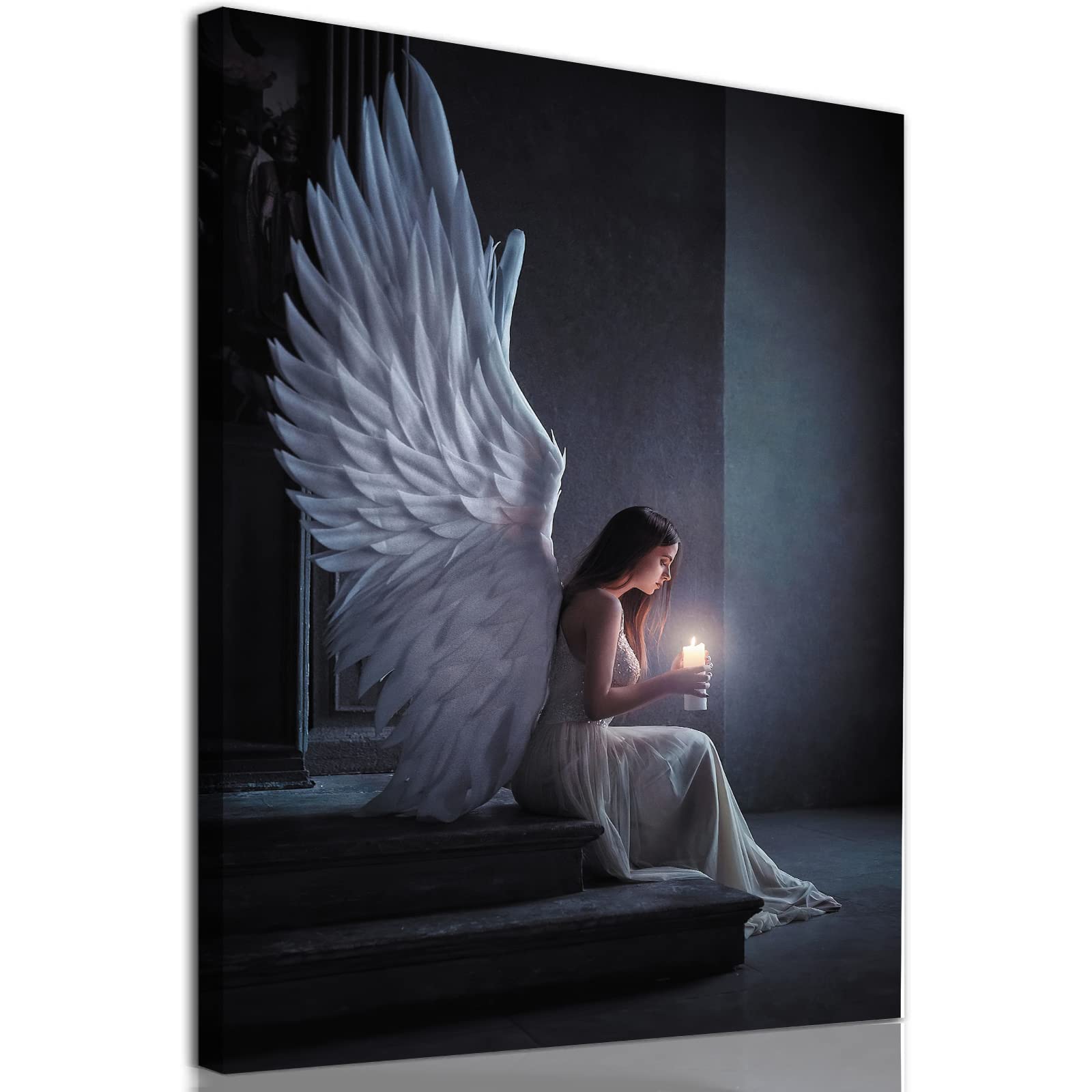 White Angel Painting - Modern Black & White Angel Wings Poster, Praying Woman Wall Art, Dark Blue Abstract Canvas Art (16x24in Unframed) - Perfect for Home Decor, Bedroom Aesthetic & Spiritual Spaces