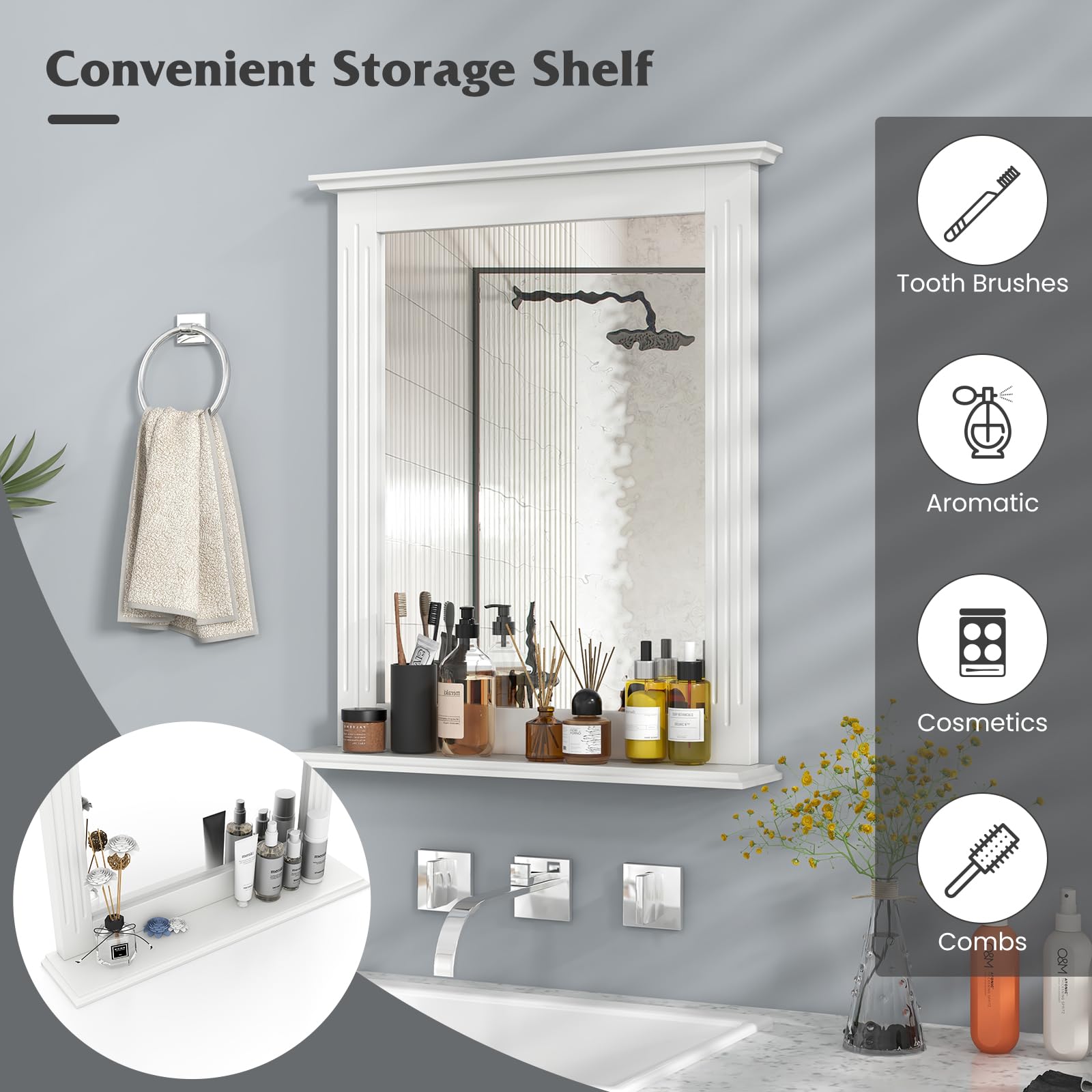 Tangkula Rectangle Bathroom Wall Mirror with Shelf - Over Sink Vanity Mirror for Dressing Room, Washroom & Bedroom - Modern Wall Mounted Mirror (White) - Perfect for Makeup, Shaving & Home Decor