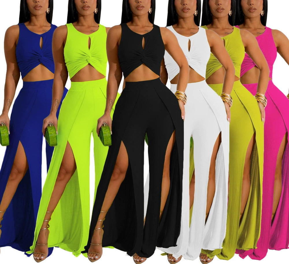 Stylish Slit Wide Leg Pants Two-Piece Suit Set for Women | Trendy Office & Evening Outfit | Perfect for Work, Parties & Special Occasions