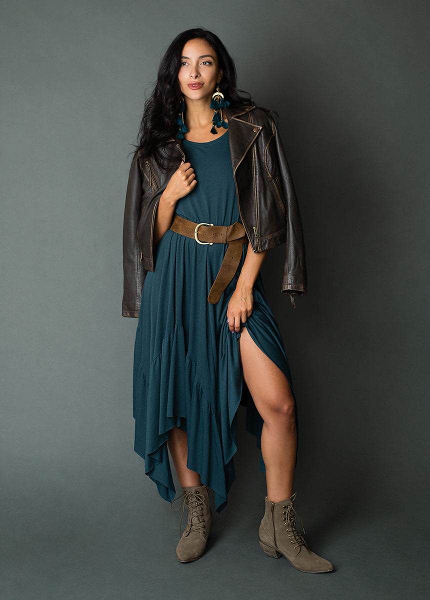 Elegant Deep Teal Pilar Dress for Women | Flowy Midi Dress with V-Neck & Sleeves | Perfect for Office, Cocktail Parties & Date Nights