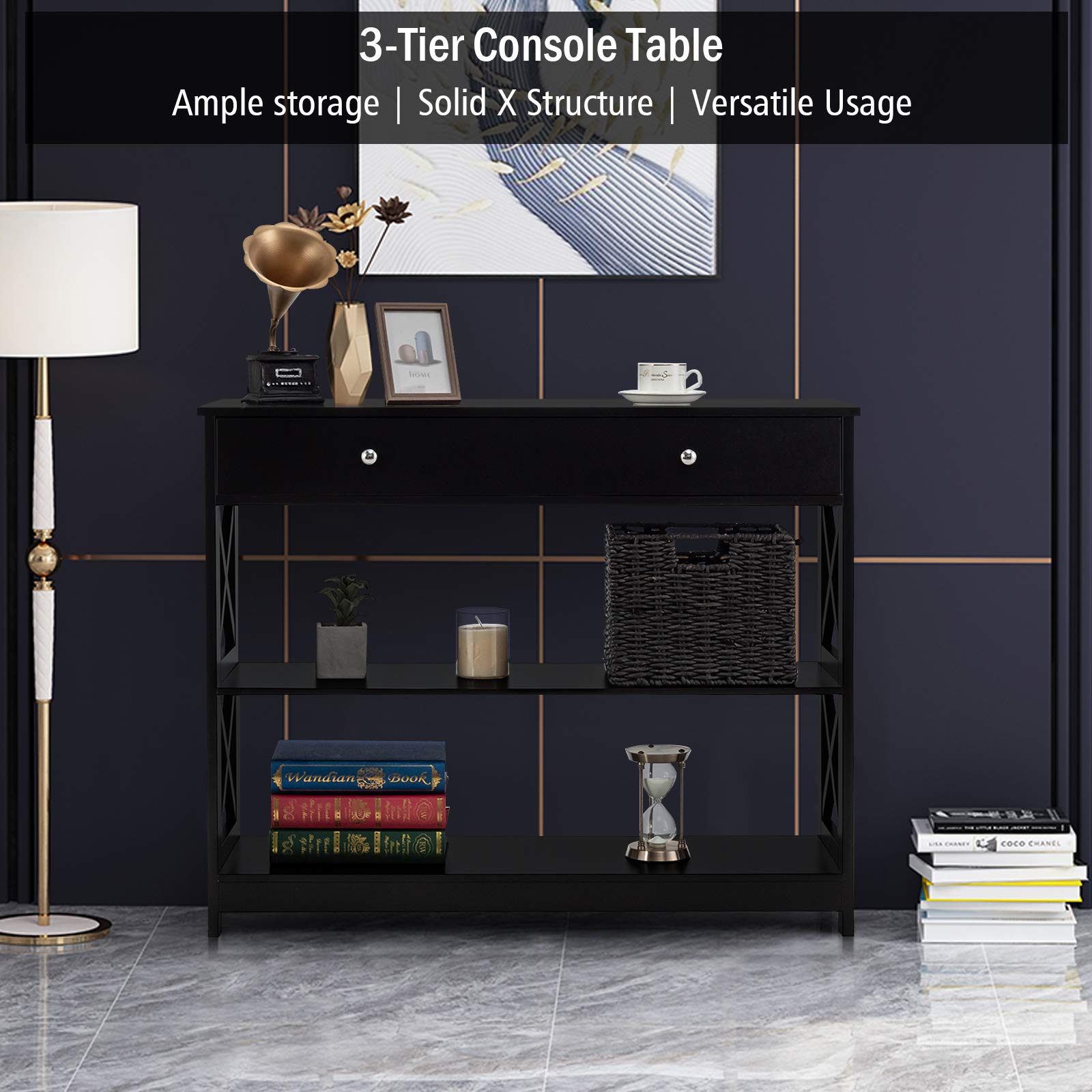 Giantex 3-Tier Console Table with 2 Drawers & Shelves - Modern Entryway Sofa Table with Spacious Desktop - Elegant Hallway Side Table for Living Room, Office, Corridor - Perfect for Small Spaces & Home Decor (Black)