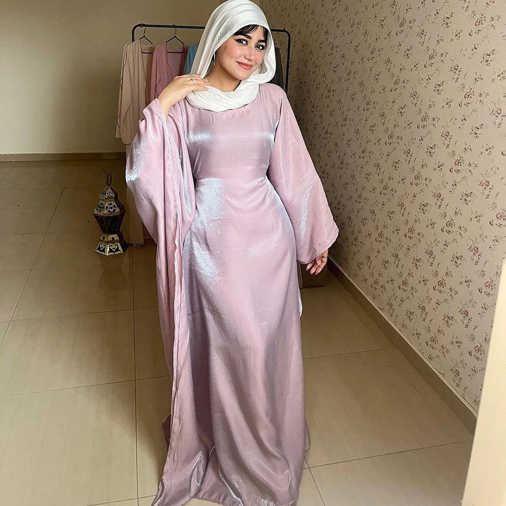 Elegant Batwing Sleeve Satin Abaya Dress for Women - Modest Muslim Prayer Dress for Eid, Wedding & Special Occasions