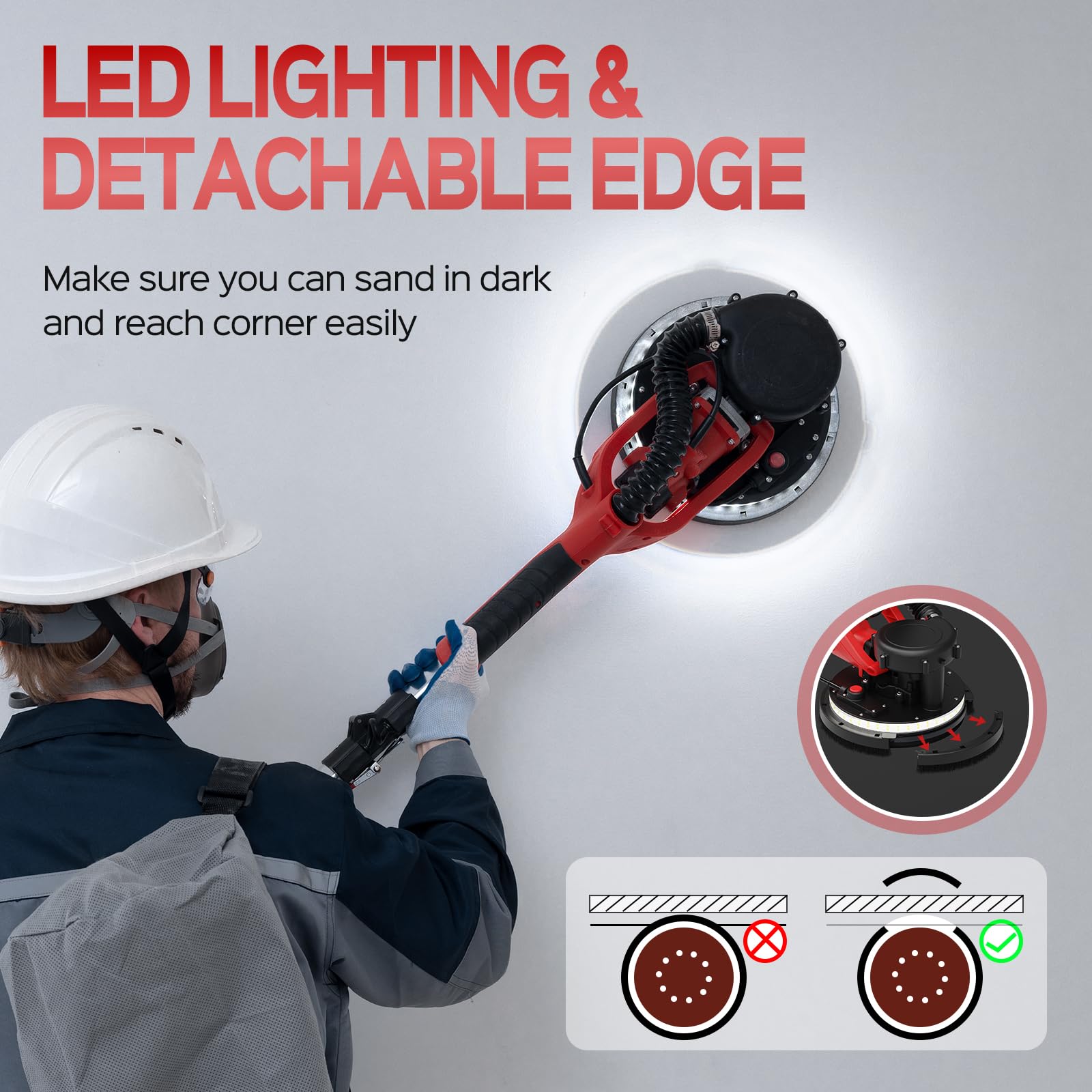 IMQUALI® 750W Drywall Sander with Vacuum Dust Collector - 6.8A Power, 7-Speed Adjustable (800-1750 RPM), Extendable Handle, LED Light & 12 Sanding Discs - Ideal for Popcorn Ceiling Removal, Wall Smoothing & DIY Home Renovation Projects