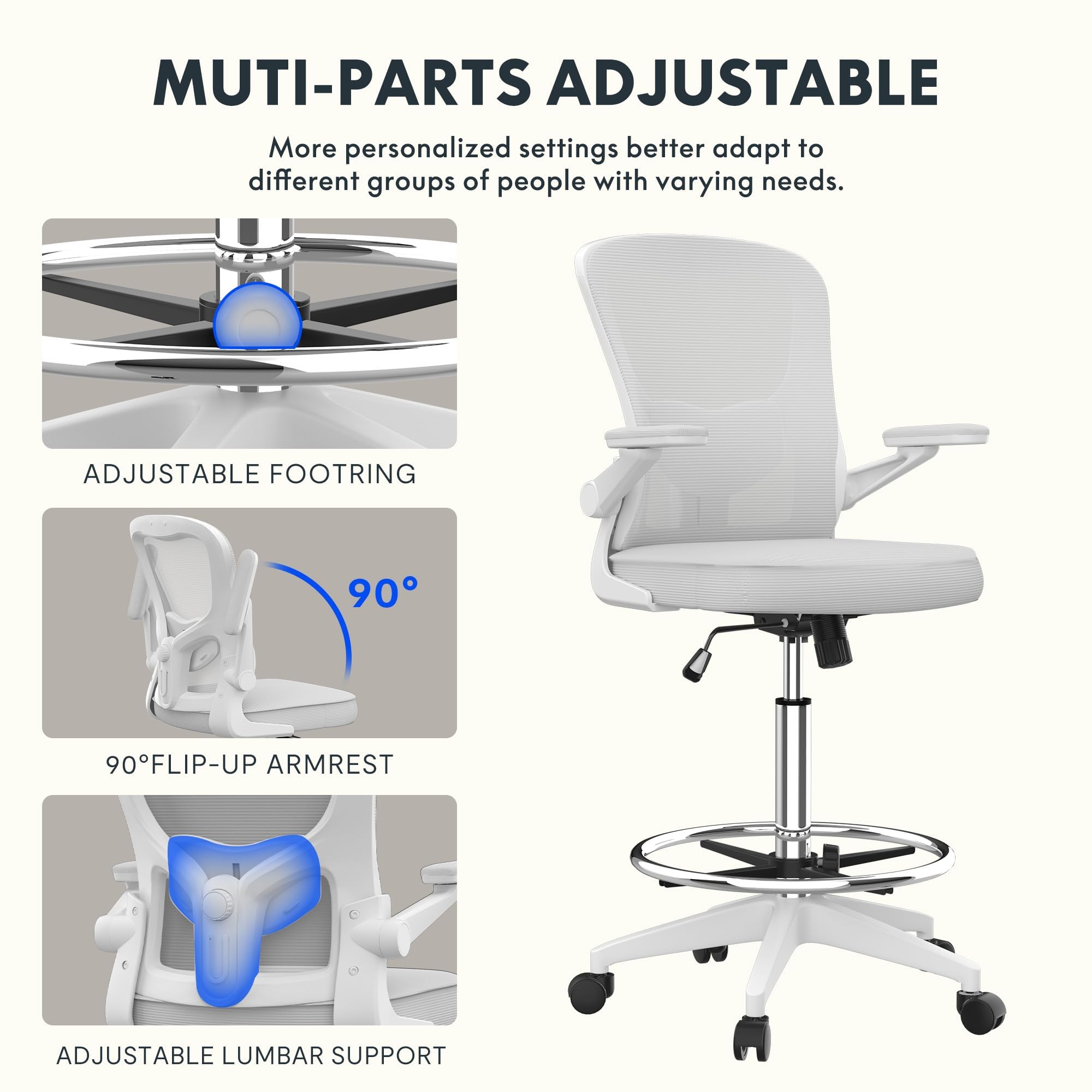 FlexiSpot TC1 Big and Tall Ergonomic Mesh Office Chair with 2D Adjustable Lumbar Support & 3D Flip-Up Armrests - White Drafting Chair for Standing Desks, Drawing, Playing Guitar - Perfect for Home Office, Studio & Gaming Setup