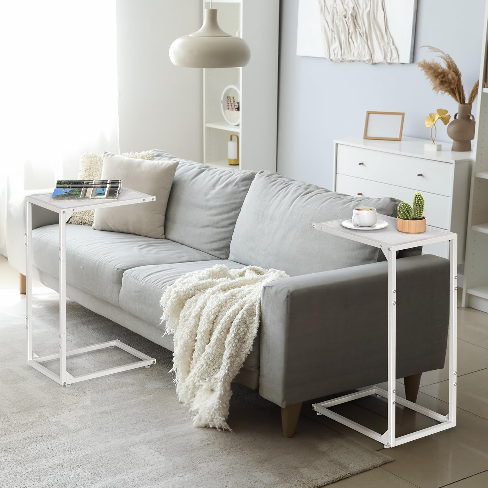 Melos White C-Shaped End Table - Snack Side Table for Couch, Sliding Under Sofa - Perfect for Living Room & Bedroom - Ideal for TV Snacks, Reading & Small Space Decor