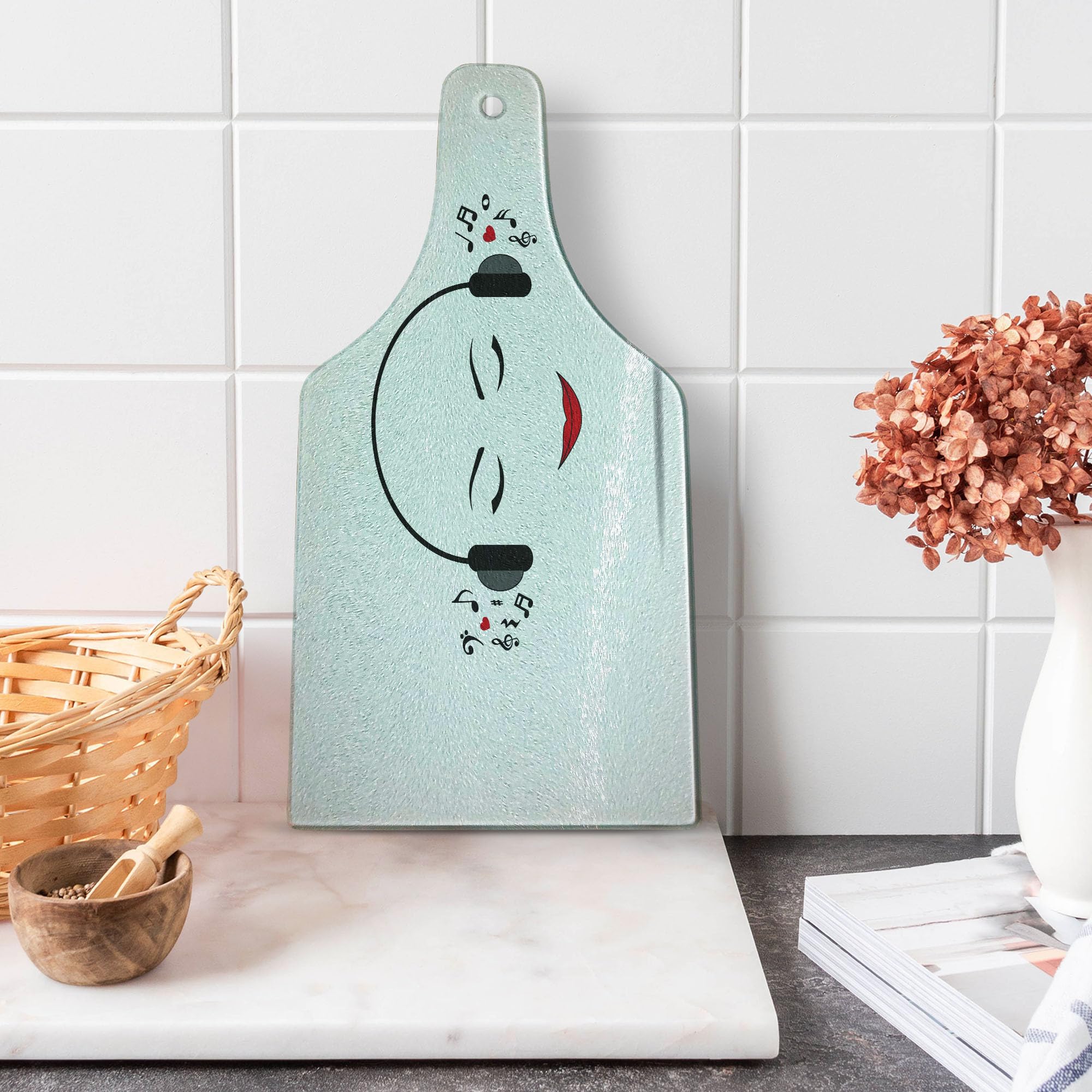 Ambesonne Music Themed Tempered Glass Cutting Board - Black and White Wine Bottle Shape - Decorative Serving Board with Girl Listening to Music Design - Perfect for Kitchen Prep, Charcuterie Display & Party Serving