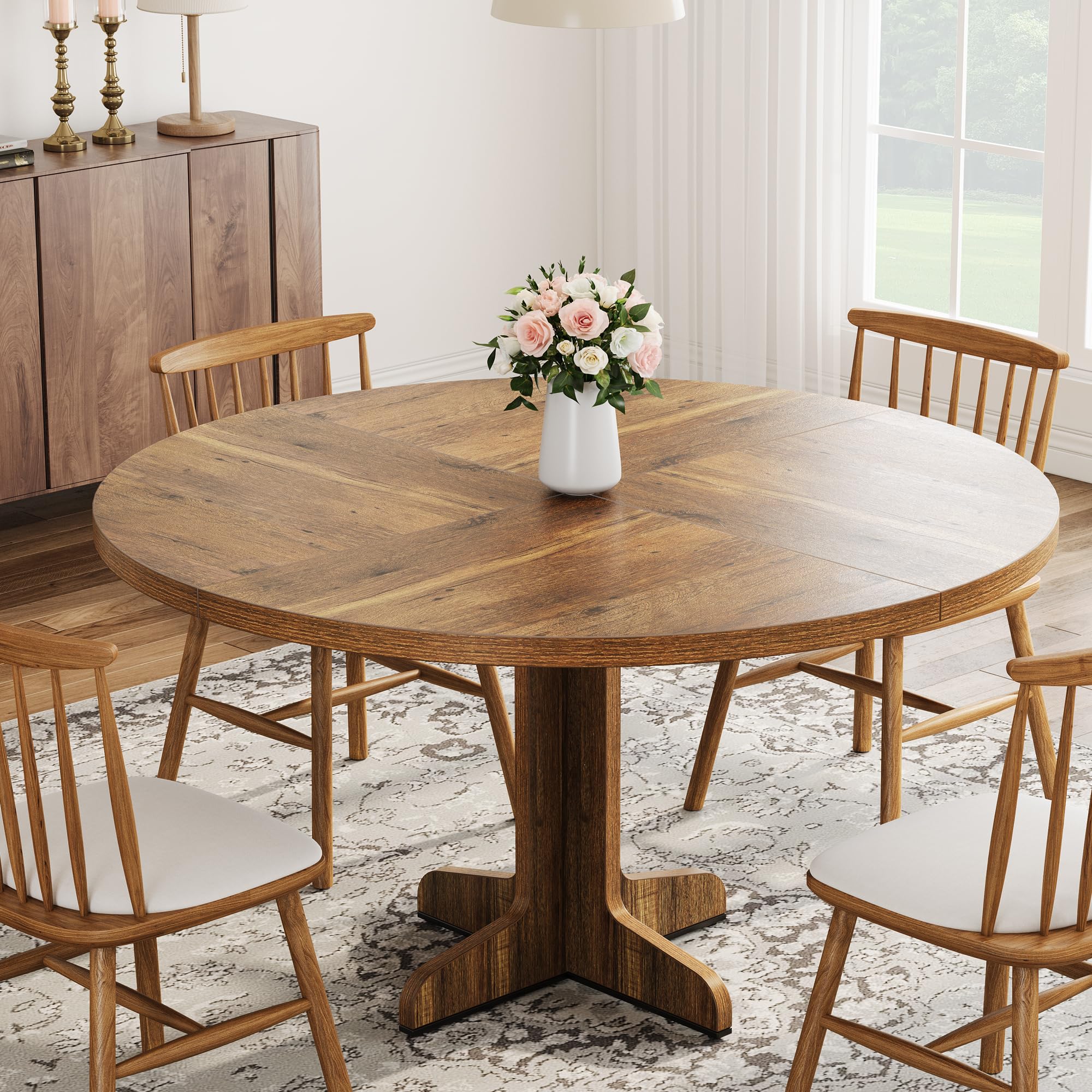 47 Inch Round Wooden Dining Table for 4 - Farmhouse Style Kitchen Table with Sturdy Base - Brown Circle Table for Home, Dining Room & Living Room - Perfect for Family Meals, Entertaining Guests & Small Space Dining