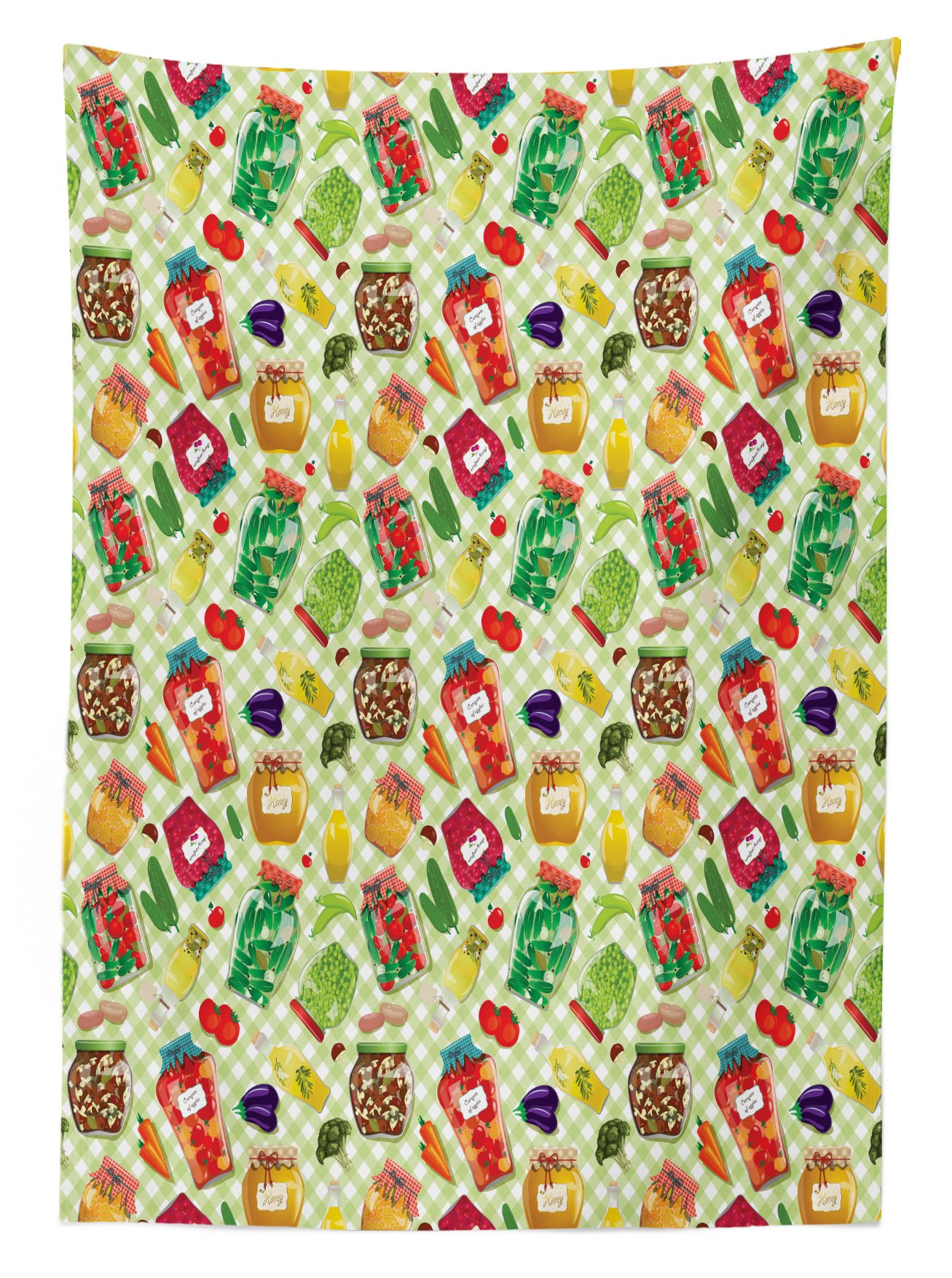 Vintage Checkered Picnic Tablecloth with Food in Glass Jars Print - Washable Outdoor Table Cover 58