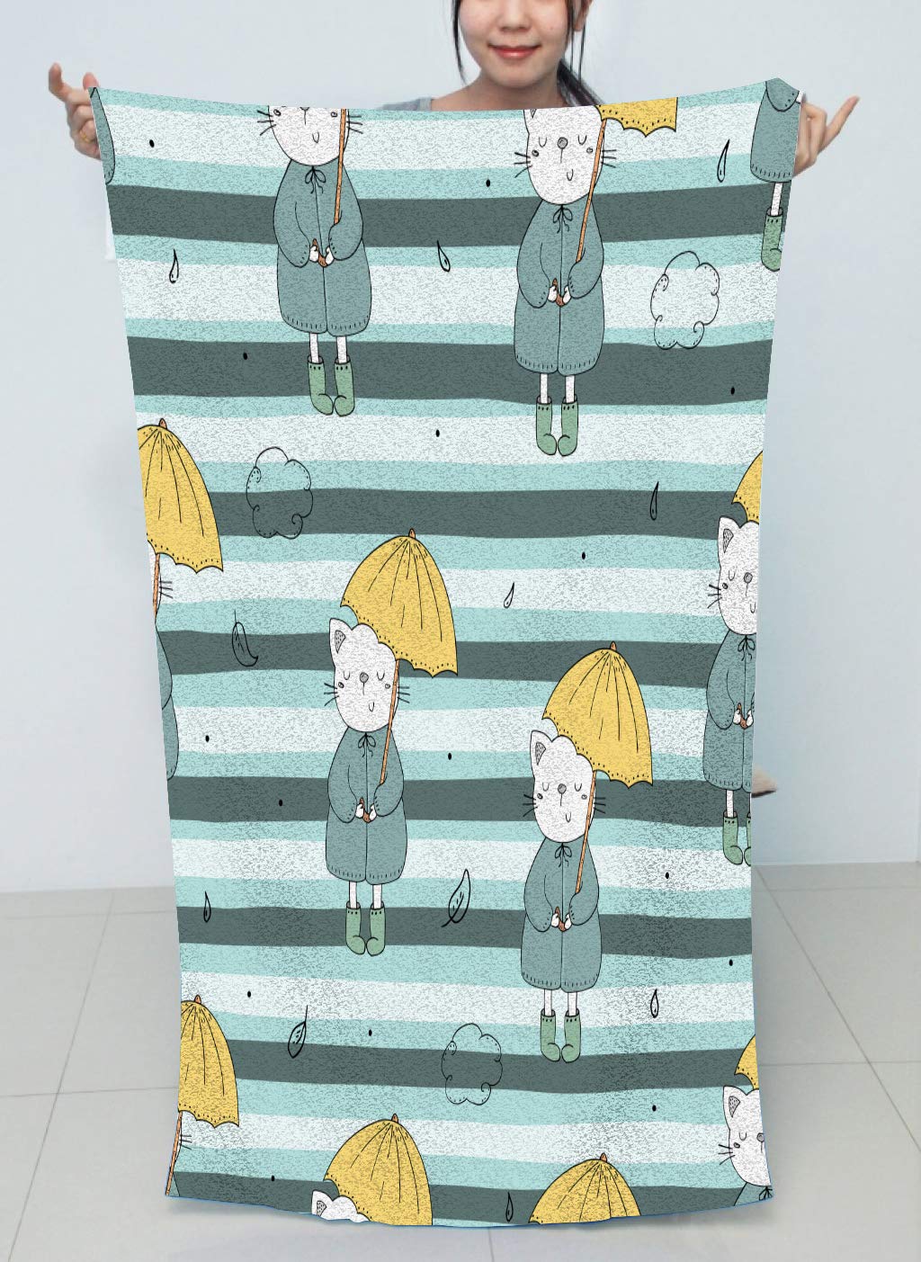 Soft Cat Bath Towel with Yellow Umbrella & Green Striped Leaves Design - 64