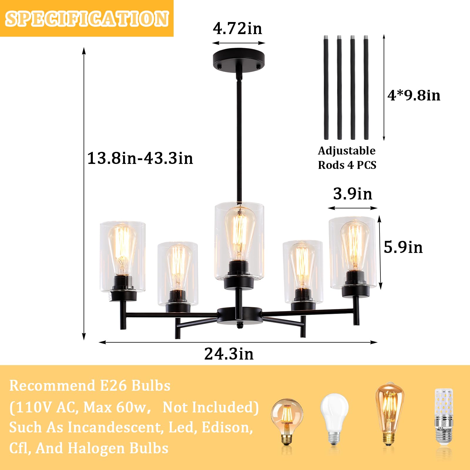 Black Farmhouse Chandelier - 5-Light Industrial Ceiling Pendant with Clear Glass Shades for Dining Room, Living Room, Bedroom, Kitchen & Foyer | Rustic Home Lighting Fixture for Modern Farmhouse Decor
