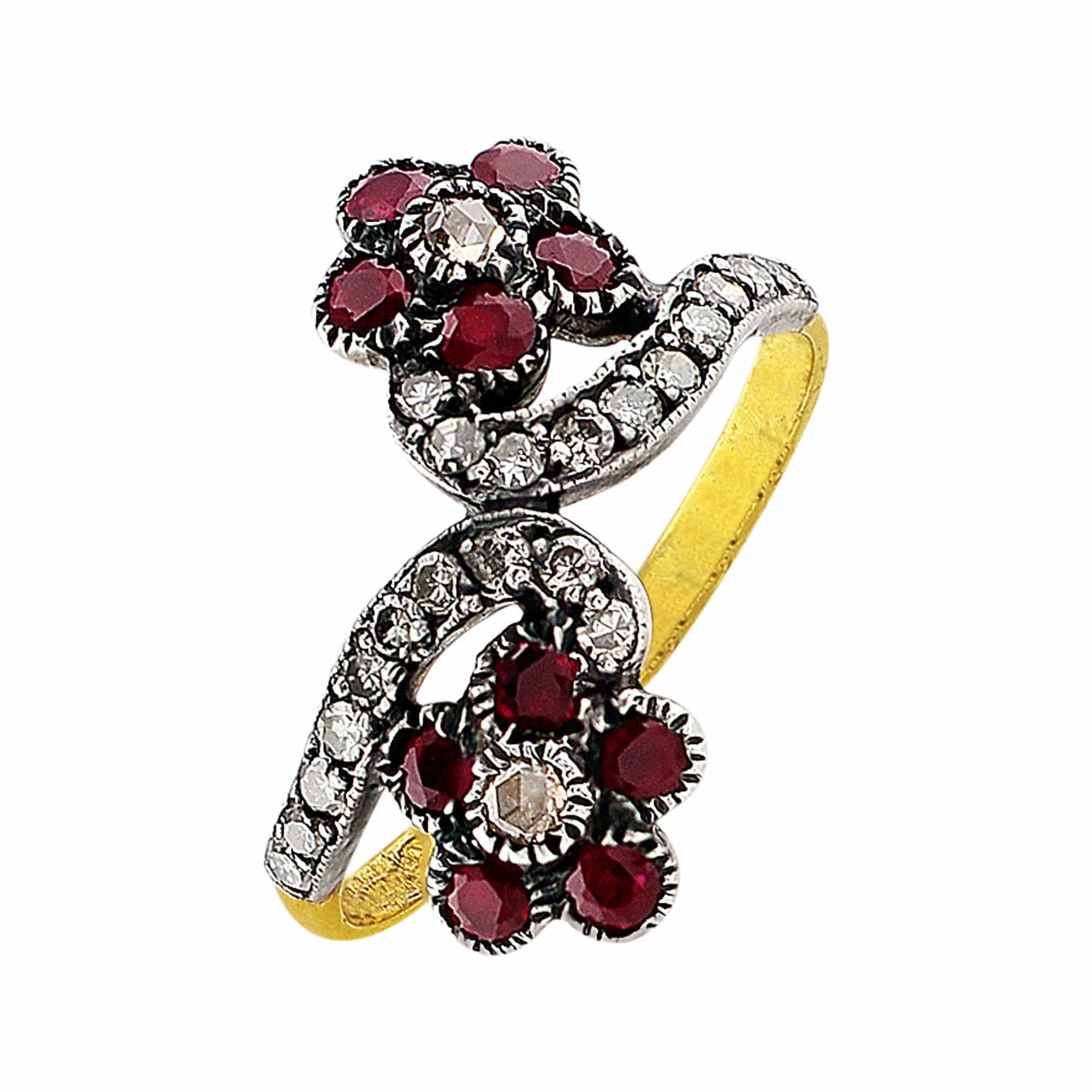 Antique 1890s Victorian Diamond and Ruby Floral Ring - Vintage Jewelry for Weddings, Engagements & Special Occasions