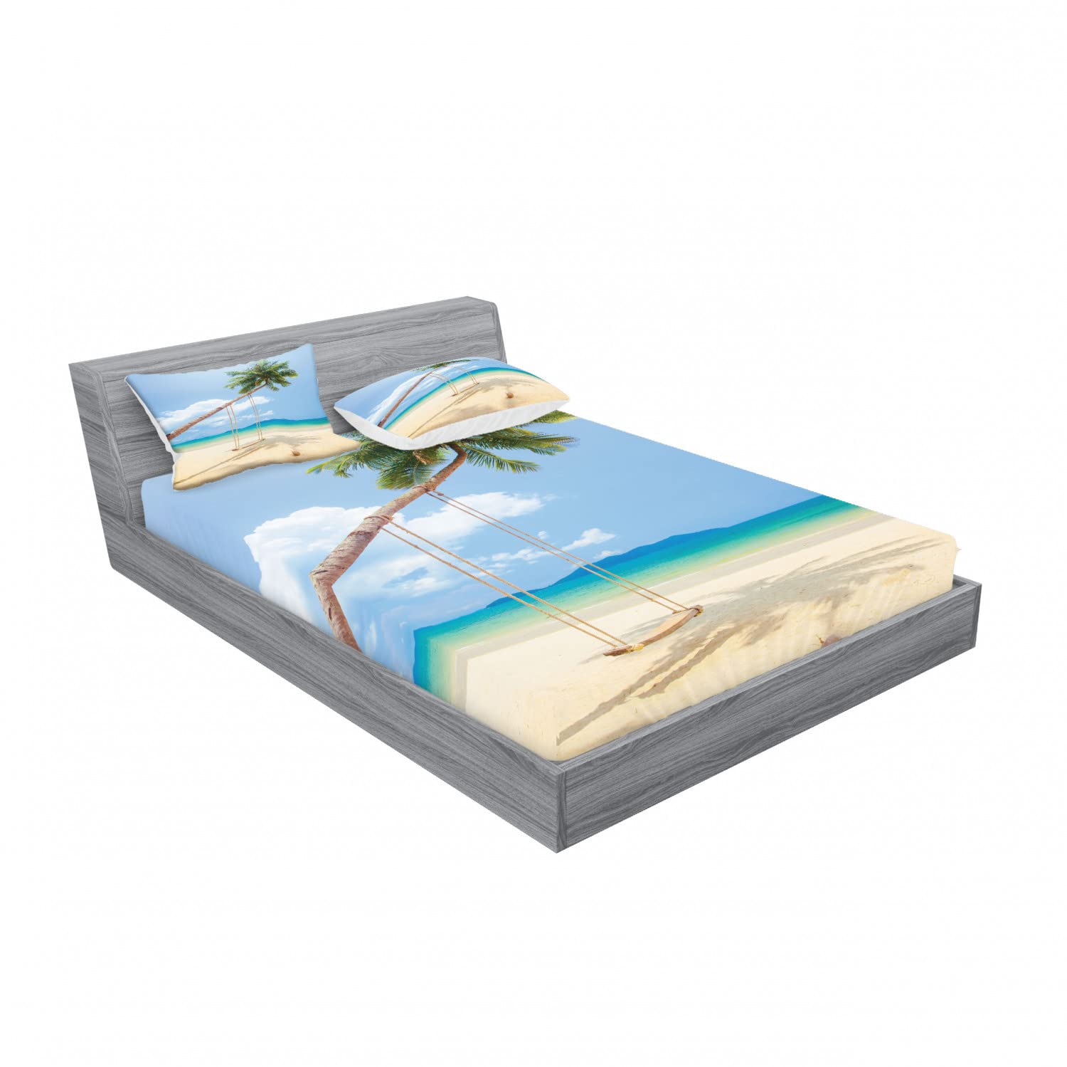 Ambesonne 2-Piece Tropical Fitted Sheet & Pillow Sham Set - Coconut Palms Island Design, 4-PC Bedding Decor (2 Twin XL Fitted Sheets + 4 Pillow Covers) in Cream Blue Green - Perfect for Beach House, Guest Room & Vacation Home Decor