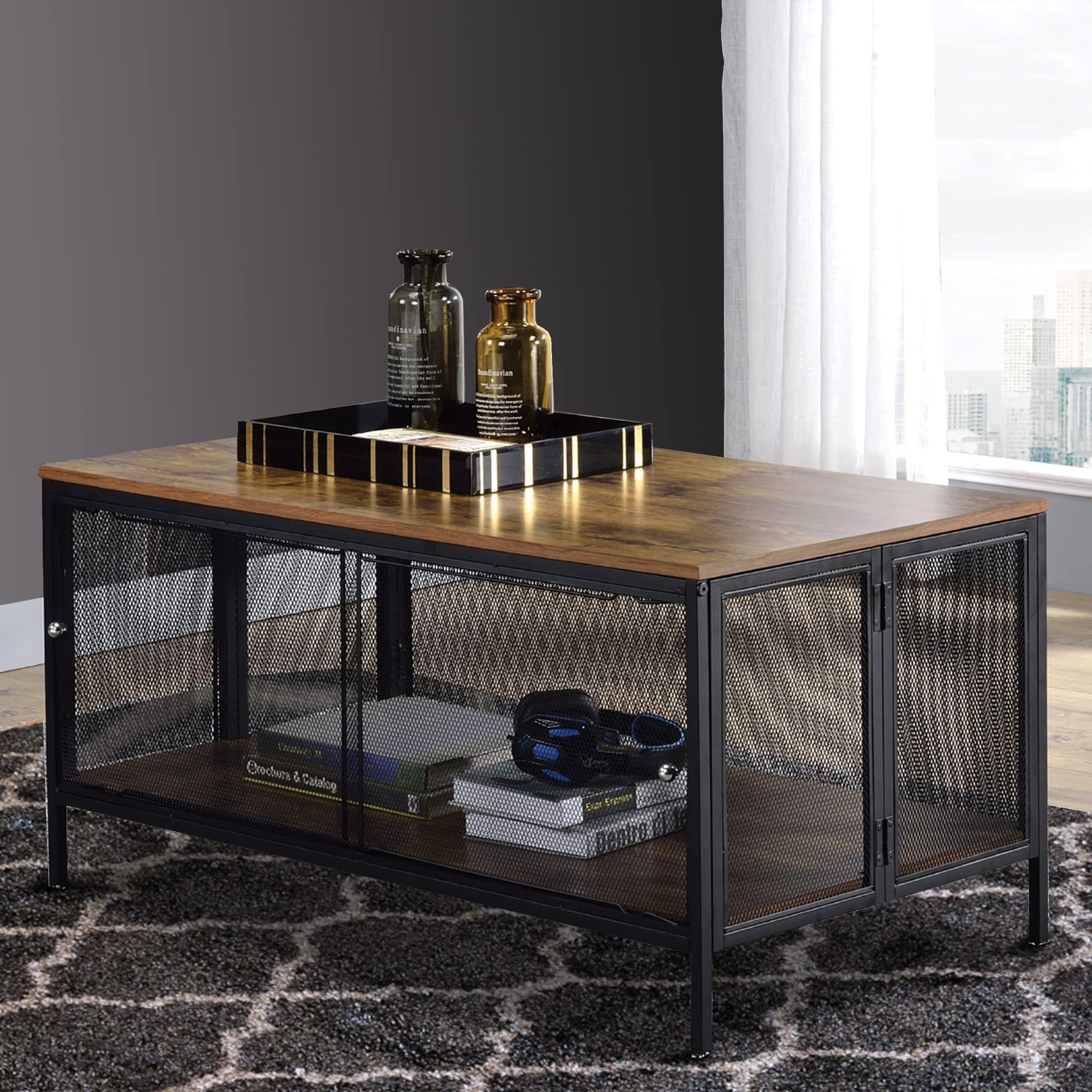 Modern Metal Coffee Table with 1 Bottom Shelf - Brown & Gray Mesh Design for Living Room, Office or Patio Furniture