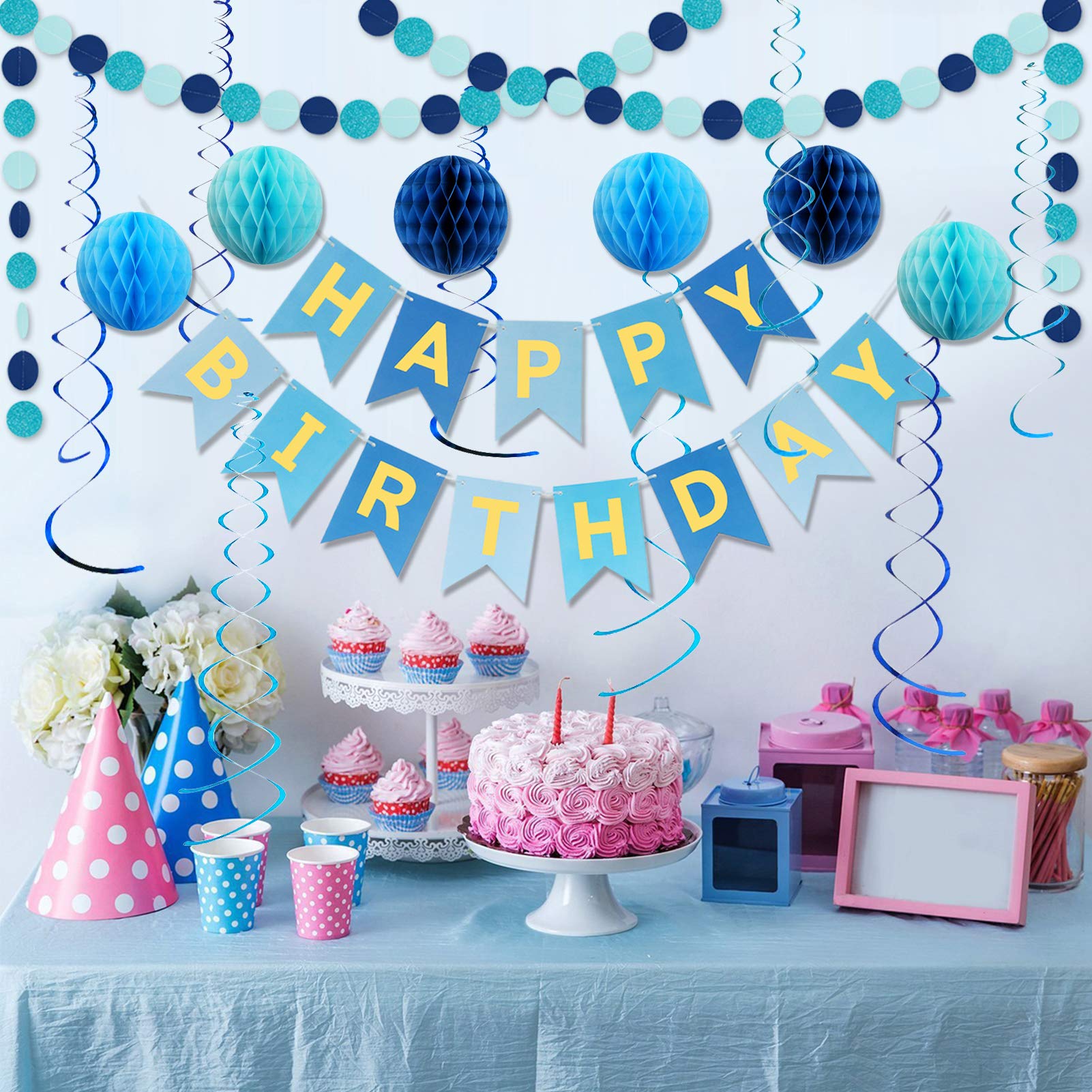 Blue Birthday Party Decorations Set - Happy Birthday Banner, Paper Honeycomb Balls, Circle Garland & Hanging Swirls for DIY Home Decor | Perfect for Birthday Celebrations, Baby Showers & Anniversary Parties
