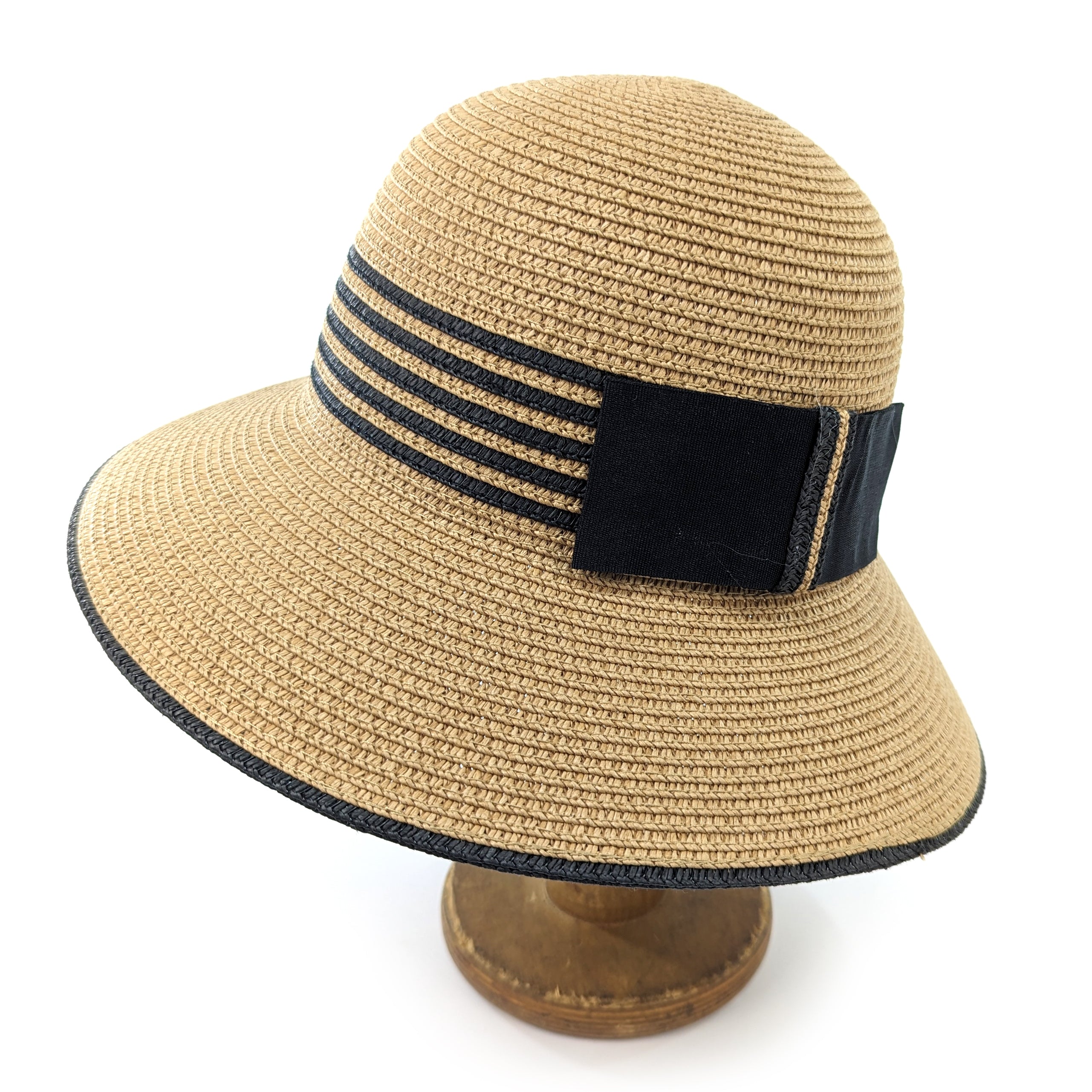 Foldable Cloche Sun Hat for Women - Natural Straw with Black Striped Band - Perfect for Travel, Beach, and Outdoor Activities