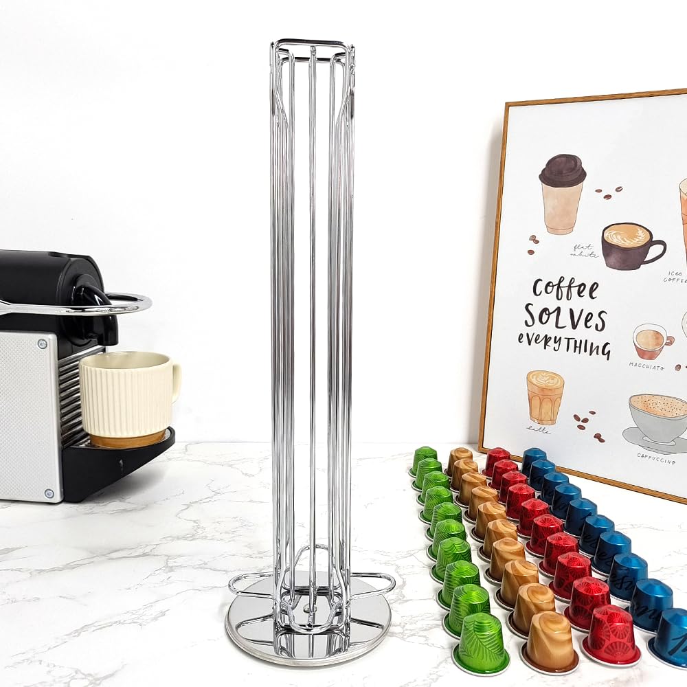 Rotating Coffee Pod Holder Organizer - 40 Capsule Storage for Nespresso OriginalLine - Space Saving Coffee Pod Dispenser for Home, Office & Kitchen - Silver (Perfect for Countertop & Cabinet Organization)