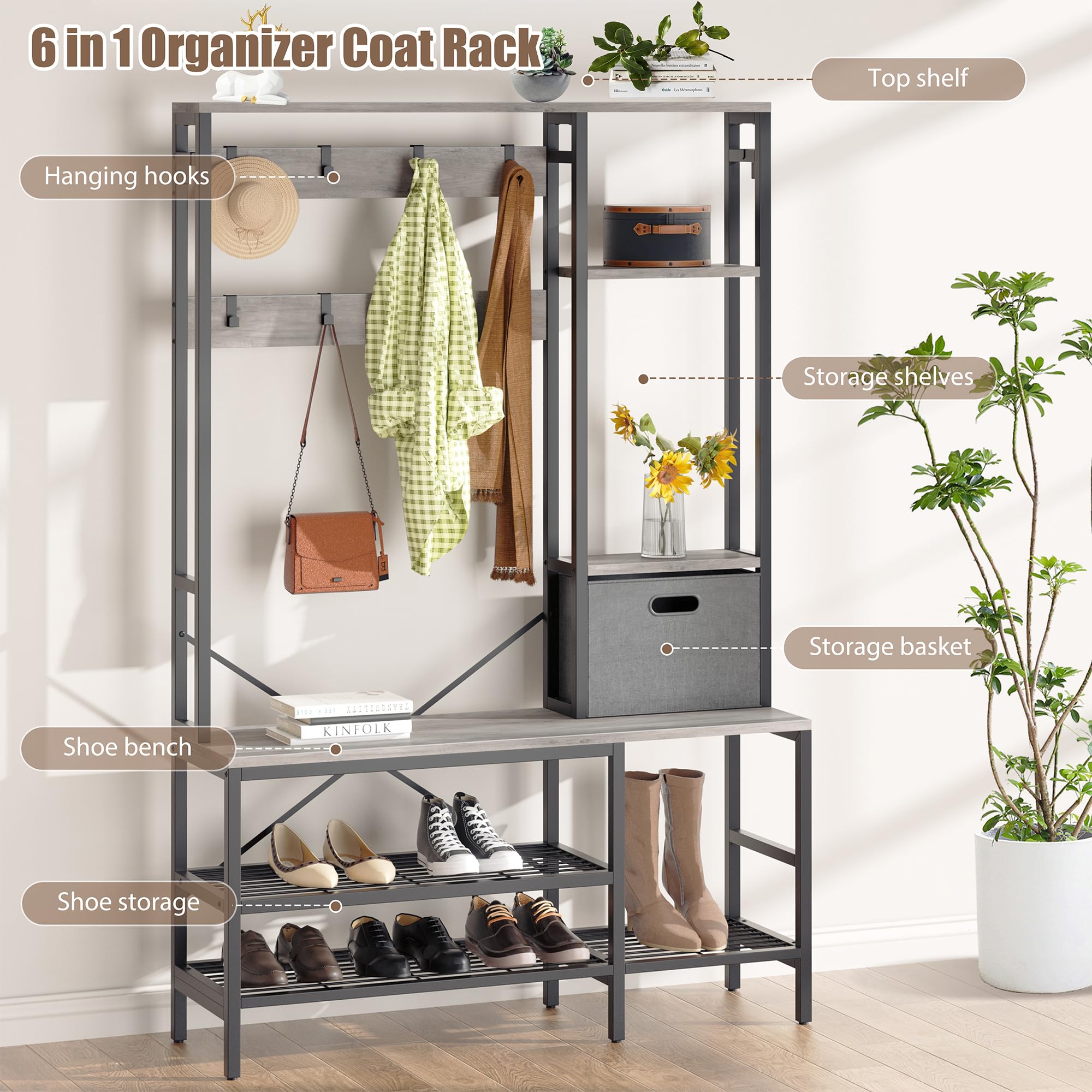 Meilocar 5-in-1 LED Hall Tree with Bench - Free Standing Coat Rack with Shoe Storage, Fabric Baskets & Side Hooks - Perfect for Entryway, Foyer, Mudroom & Home Organization (Gray)