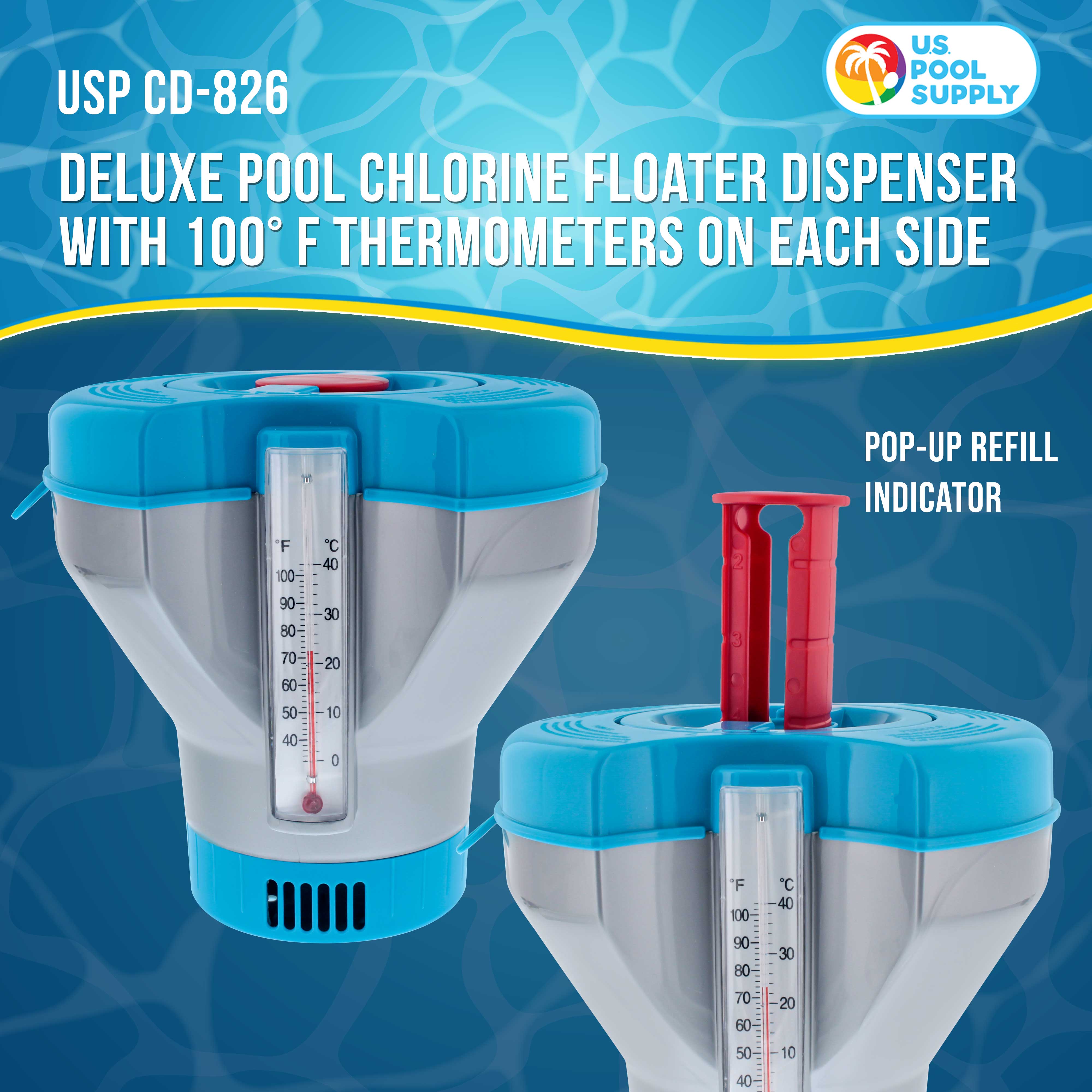 Deluxe Pool Chlorine Floater Dispenser with Built-in Thermometers & Refill Indicator - Large Capacity Holds 3-4 Tablets (8