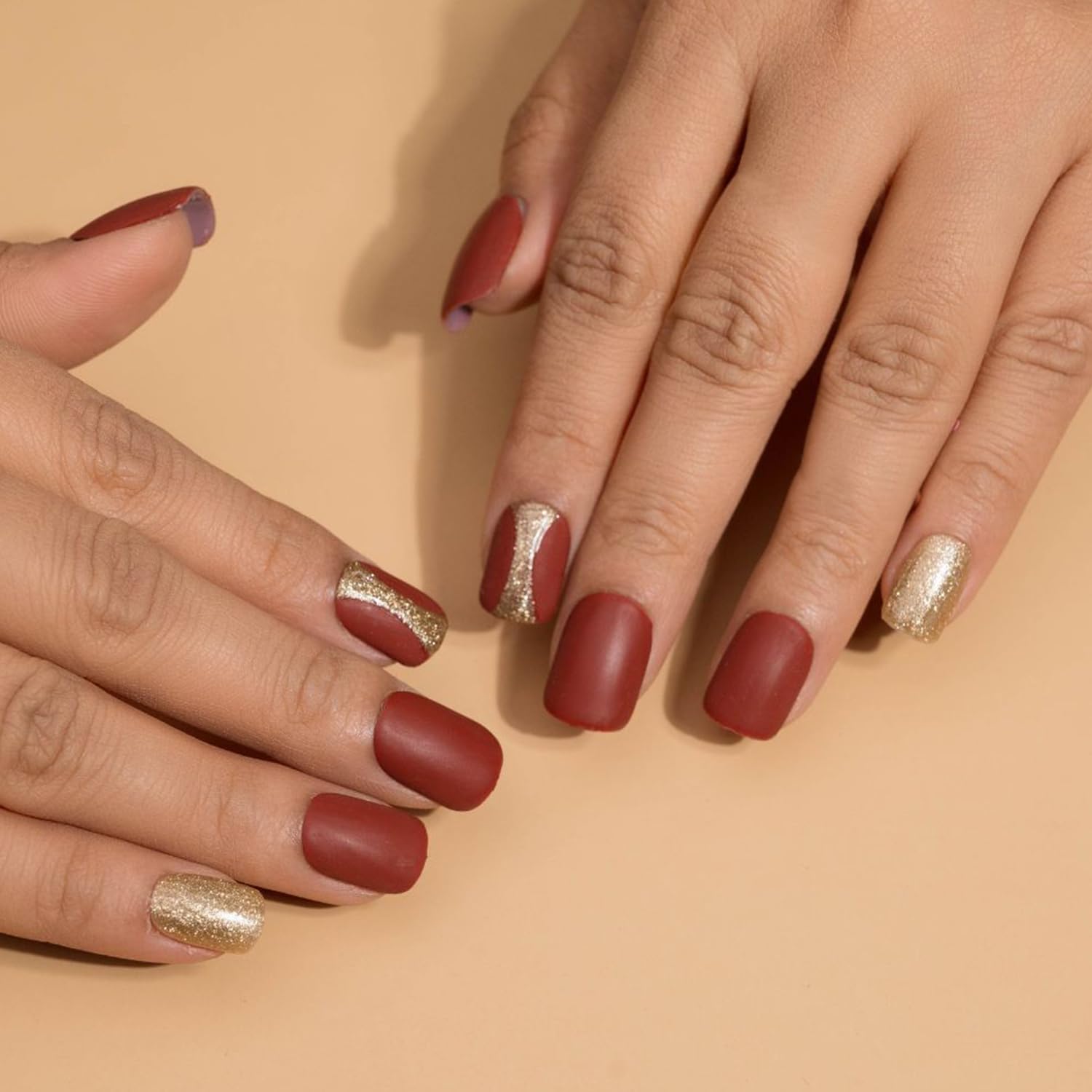 Premium Fake Press-On Nails - Red Gold Set of 20 | Reusable Full Coverage Artificial Nails with UV Gel Polish Coating | Easy to Apply Stick-On Nail Extensions for Both Hands | Perfect for Parties, Weddings, Date Nights & Everyday Wear