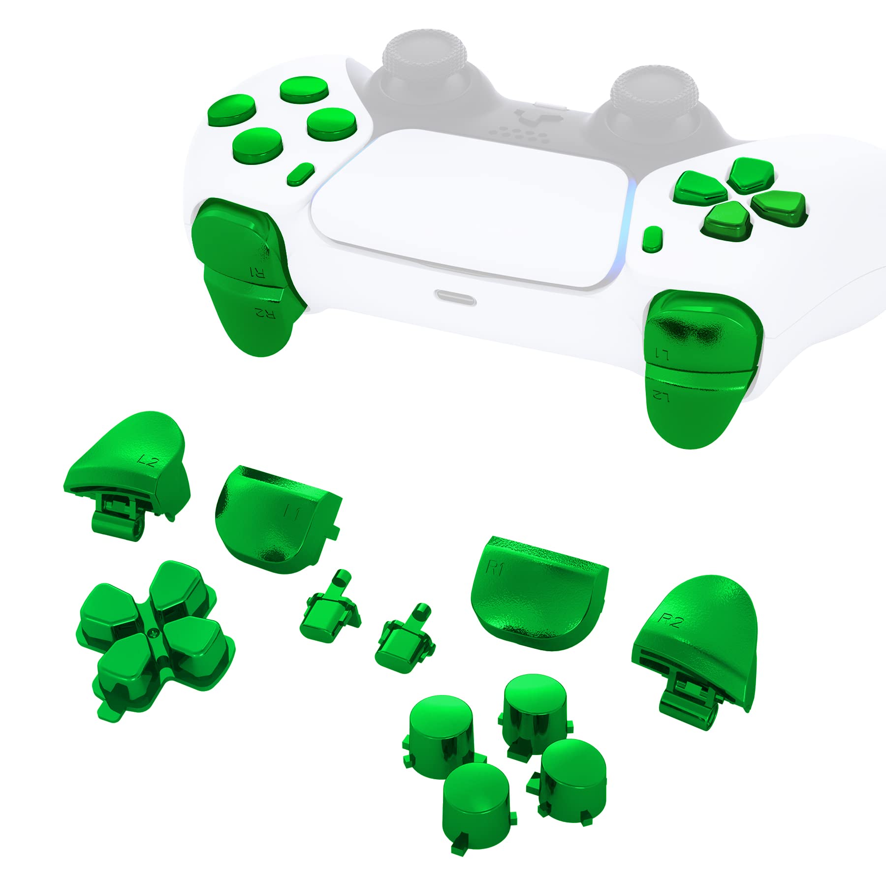 eXtremeRate Chrome Green Full Set Replacement Buttons for PS5 Controller - D-pad, R1 L1 R2 L2 Triggers, Share & Options Face Buttons (Compatible with BDM-010 & BDM-020 Models) | Perfect for Gaming, Customization & Controller Repair